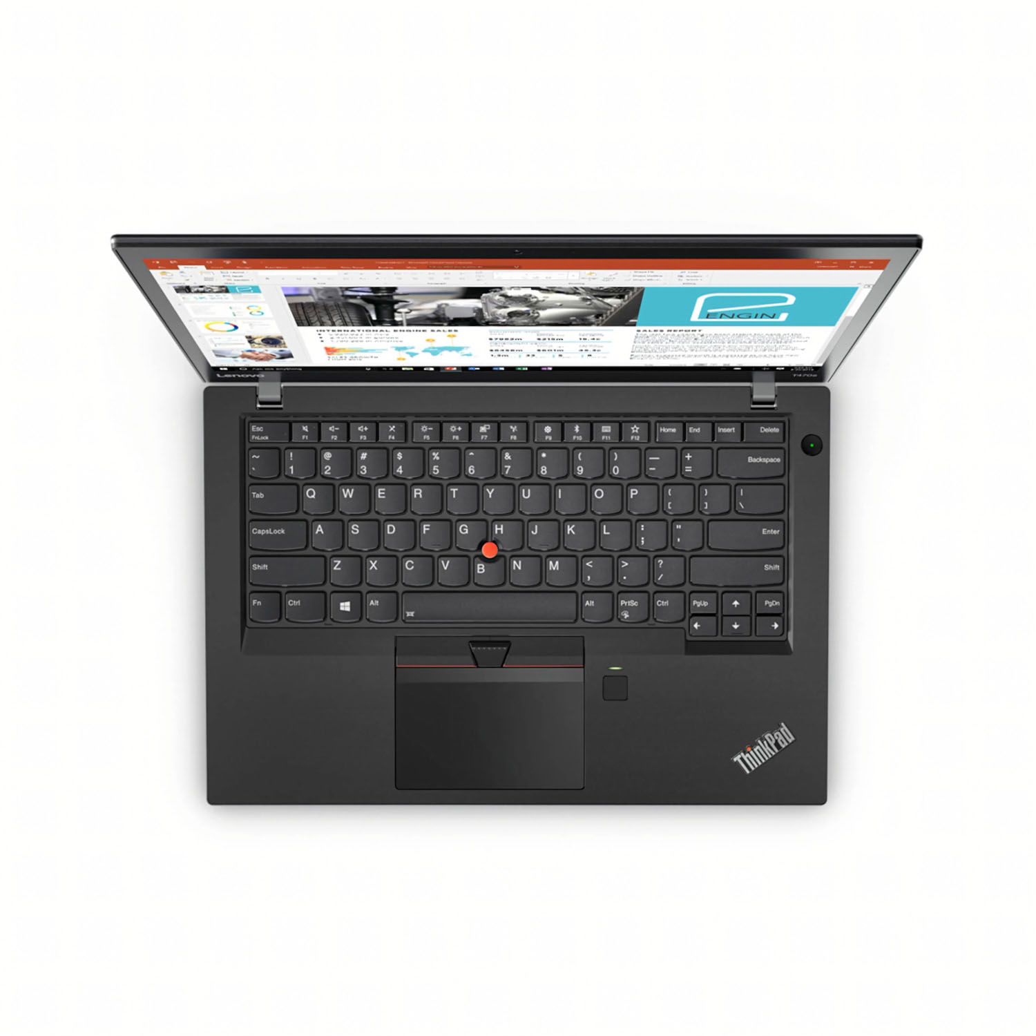 Lenovo ThinkPad negro, vista superior, abierto. Pantalla muestra página web. Teclado y trackpad visibles, fondo blanco.
