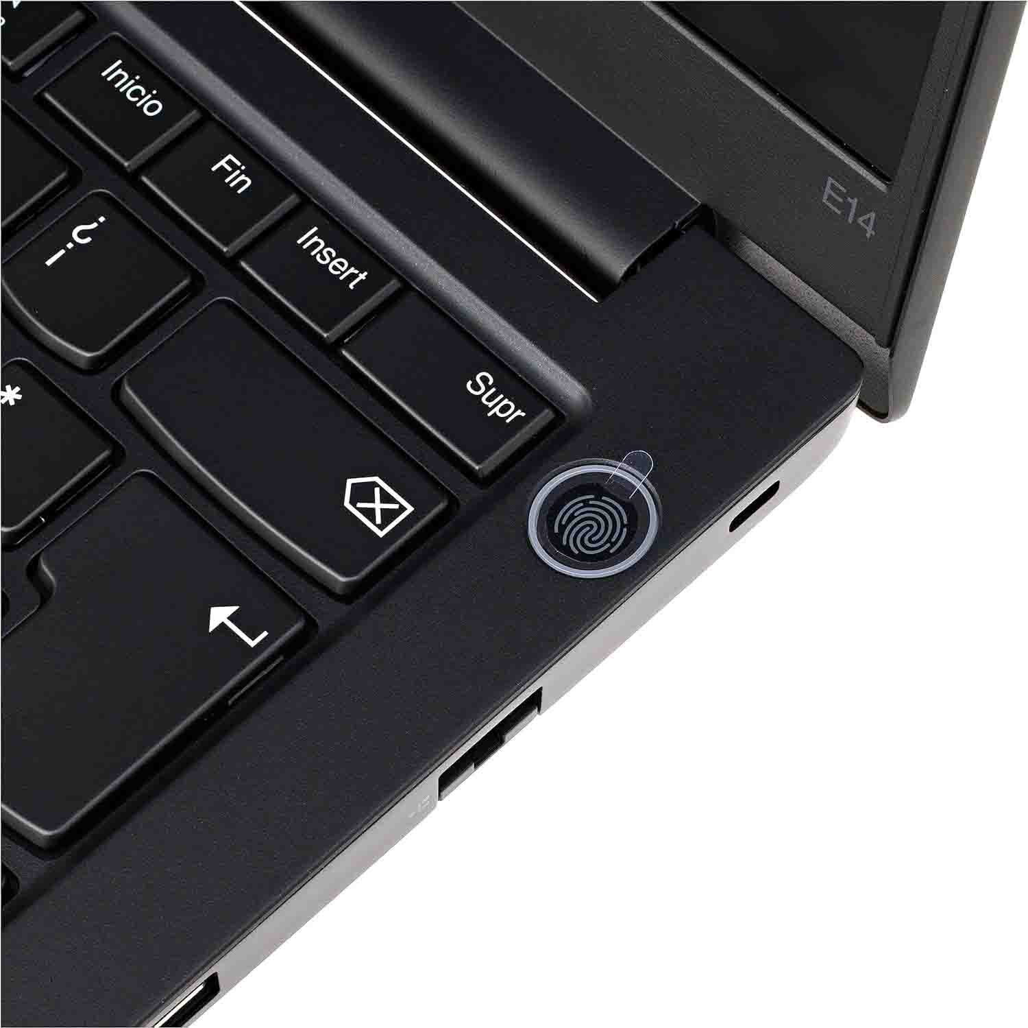 Primer plano del lector de huellas dactilares y el botón de encendido de un portátil Lenovo negro. El portátil está sobre fondo blanco.