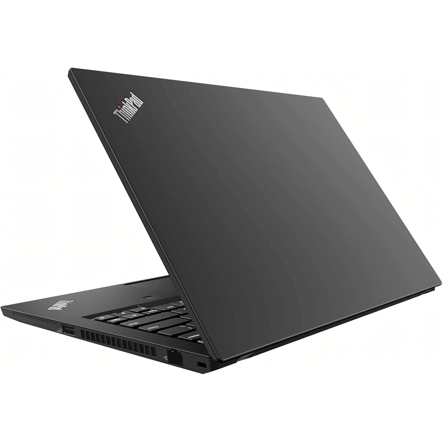Portátil ThinkPad negro, vista trasera, ligeramente abierto. Fondo blanco.