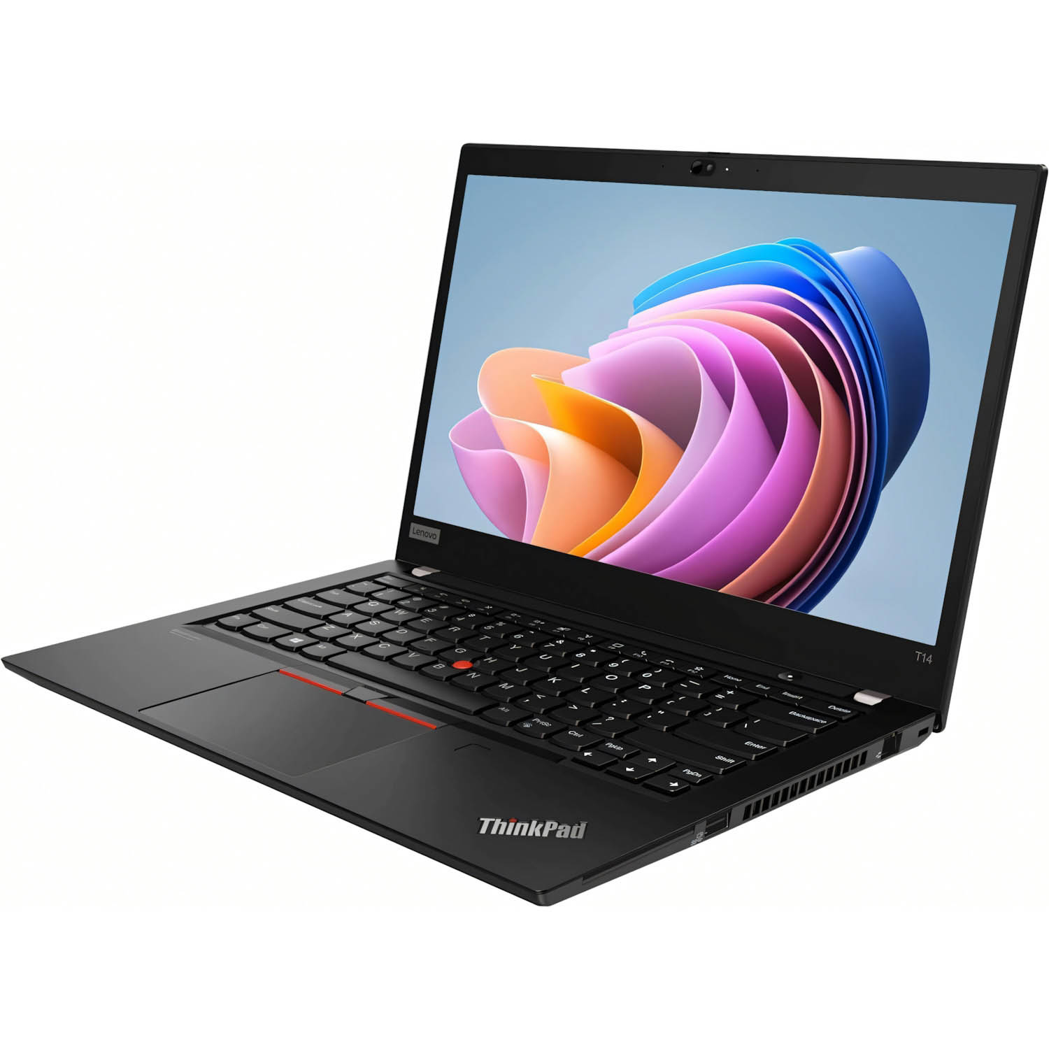 Laptop negro Lenovo ThinkPad. Pantalla con arte abstracto colorido. Teclado, trackpad y logo visibles.