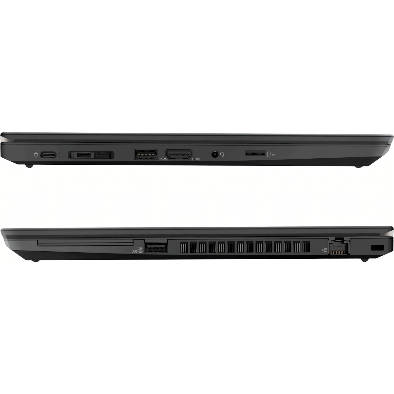 Dos vistas laterales de laptop negro, mostrando puertos. Uno superior muestra USB, HDMI. El otro más puertos.