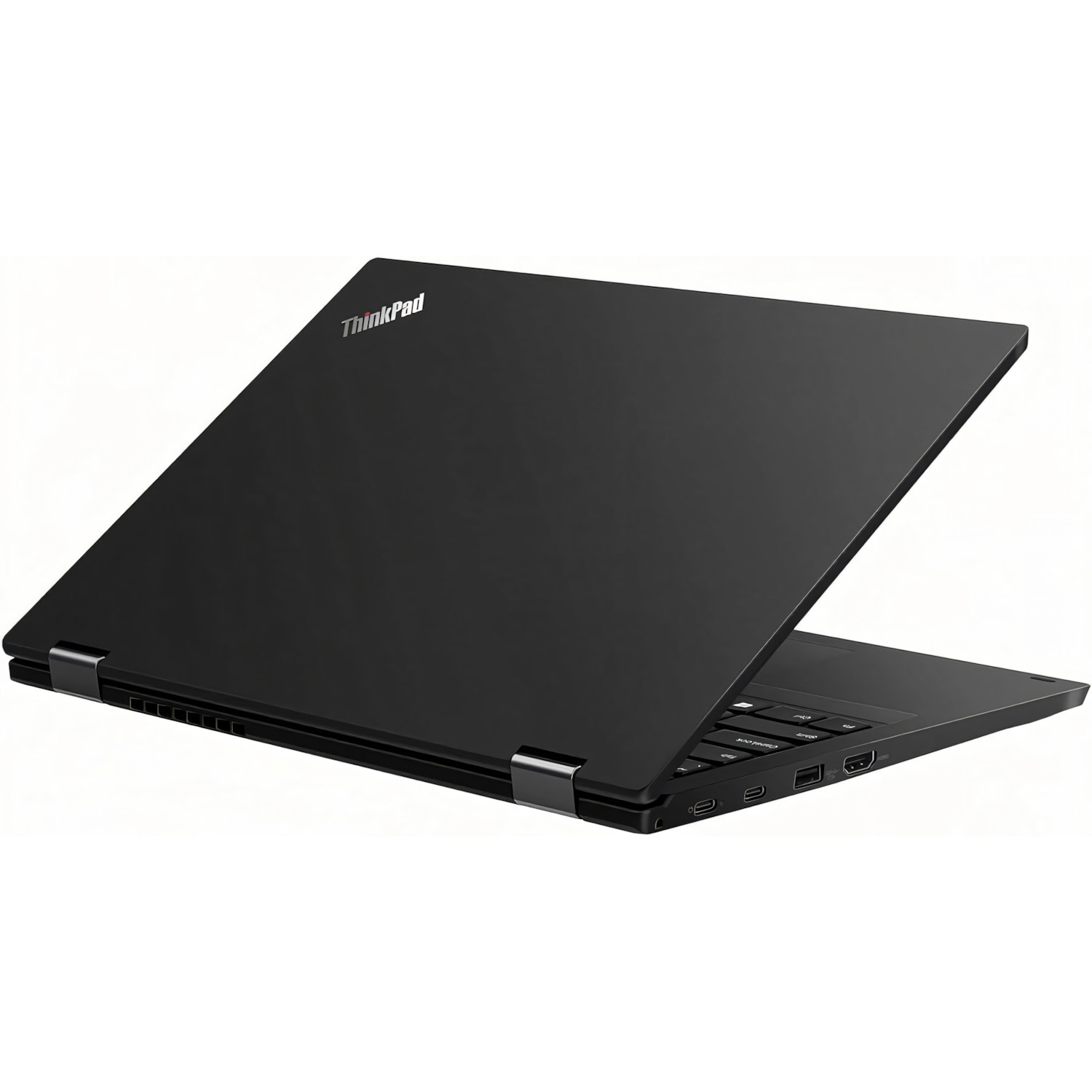 Portátil ThinkPad negro abierto, en ángulo, mostrando teclado y puertos laterales.