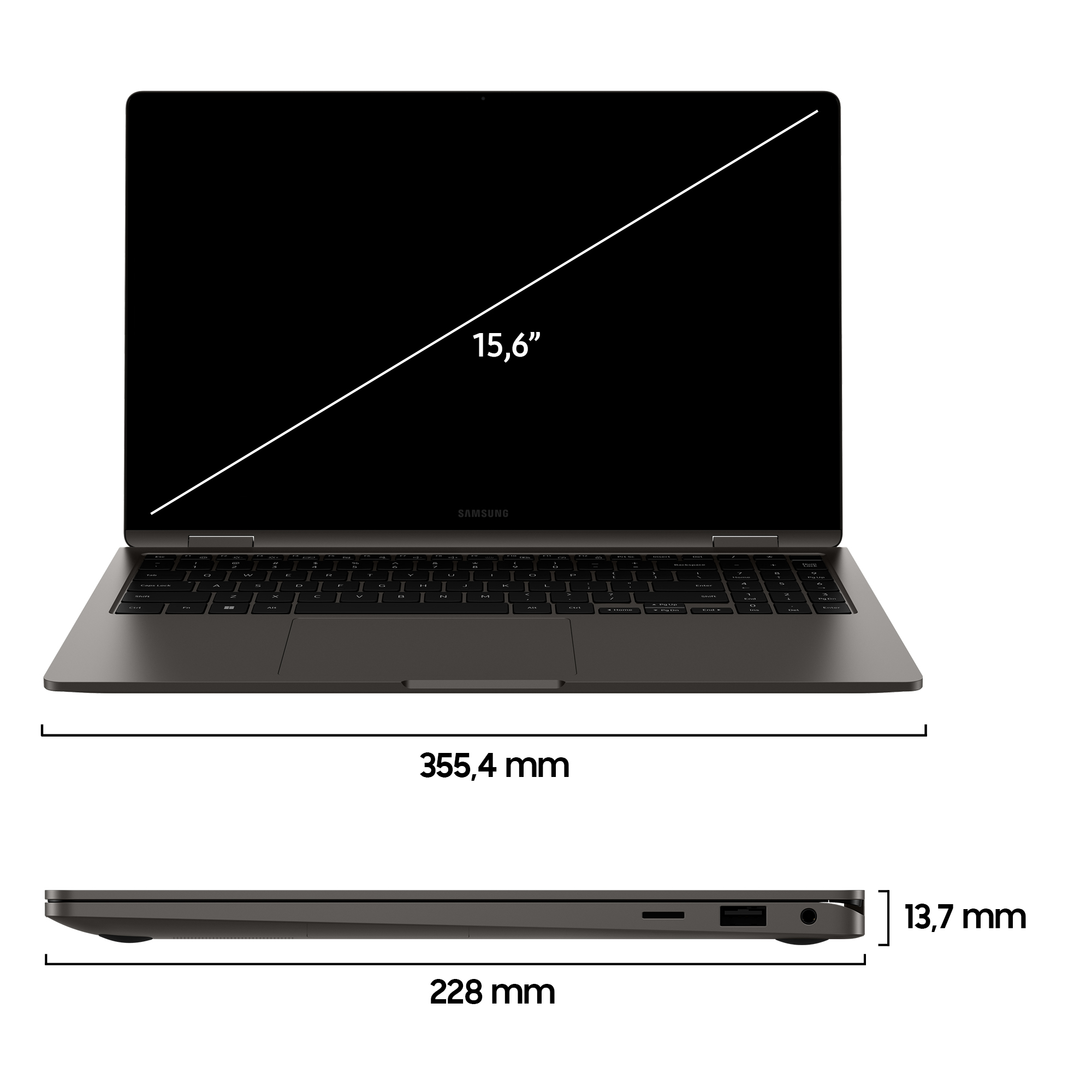 Un laptop scuro con schermo nero, dimensioni e diagonale da 15,6" sono mostrate. Il marchio è Samsung.