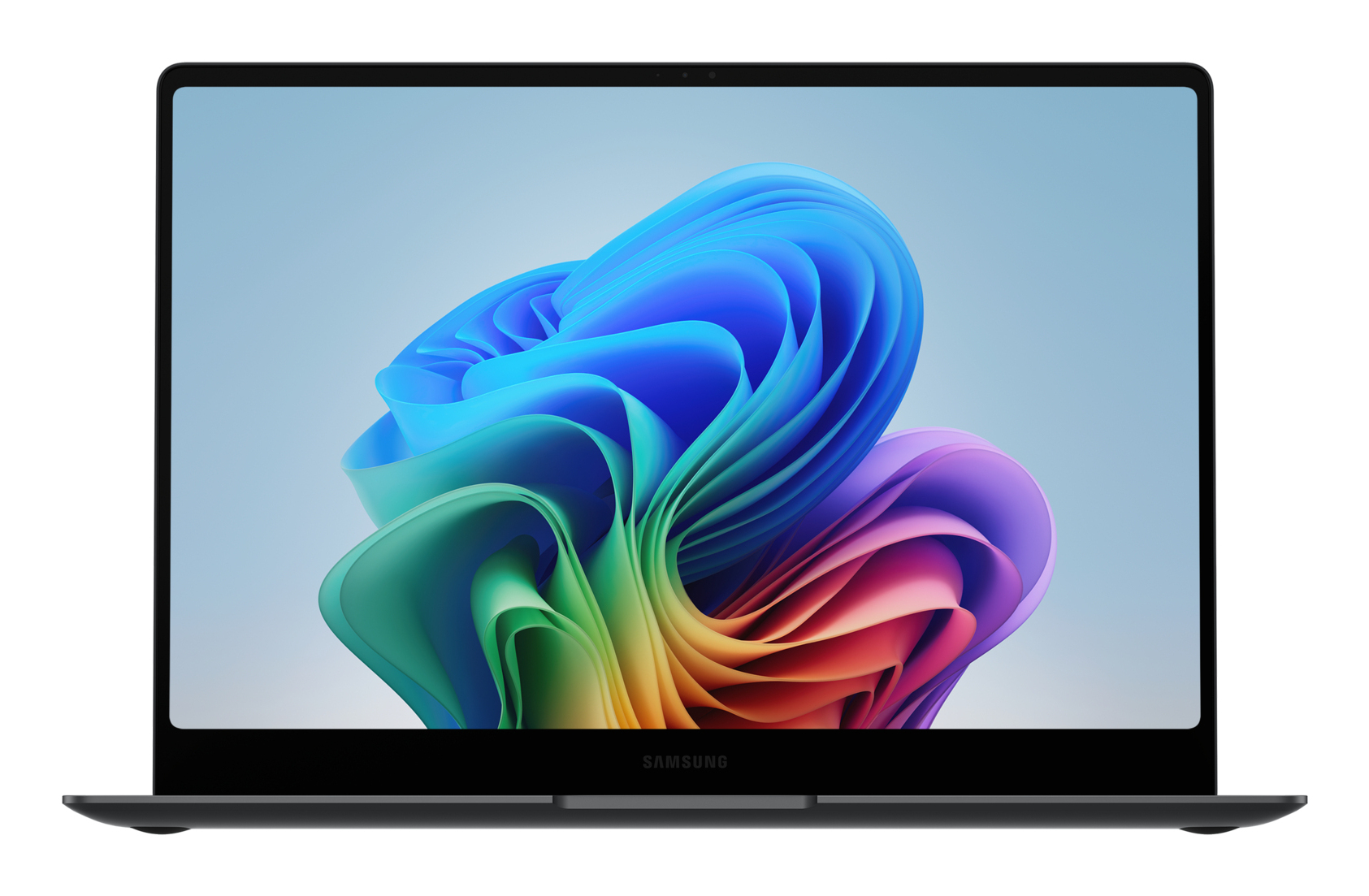 Widok z przodu laptopa Samsung z żywą, abstrakcyjną tapetą na ekranie.