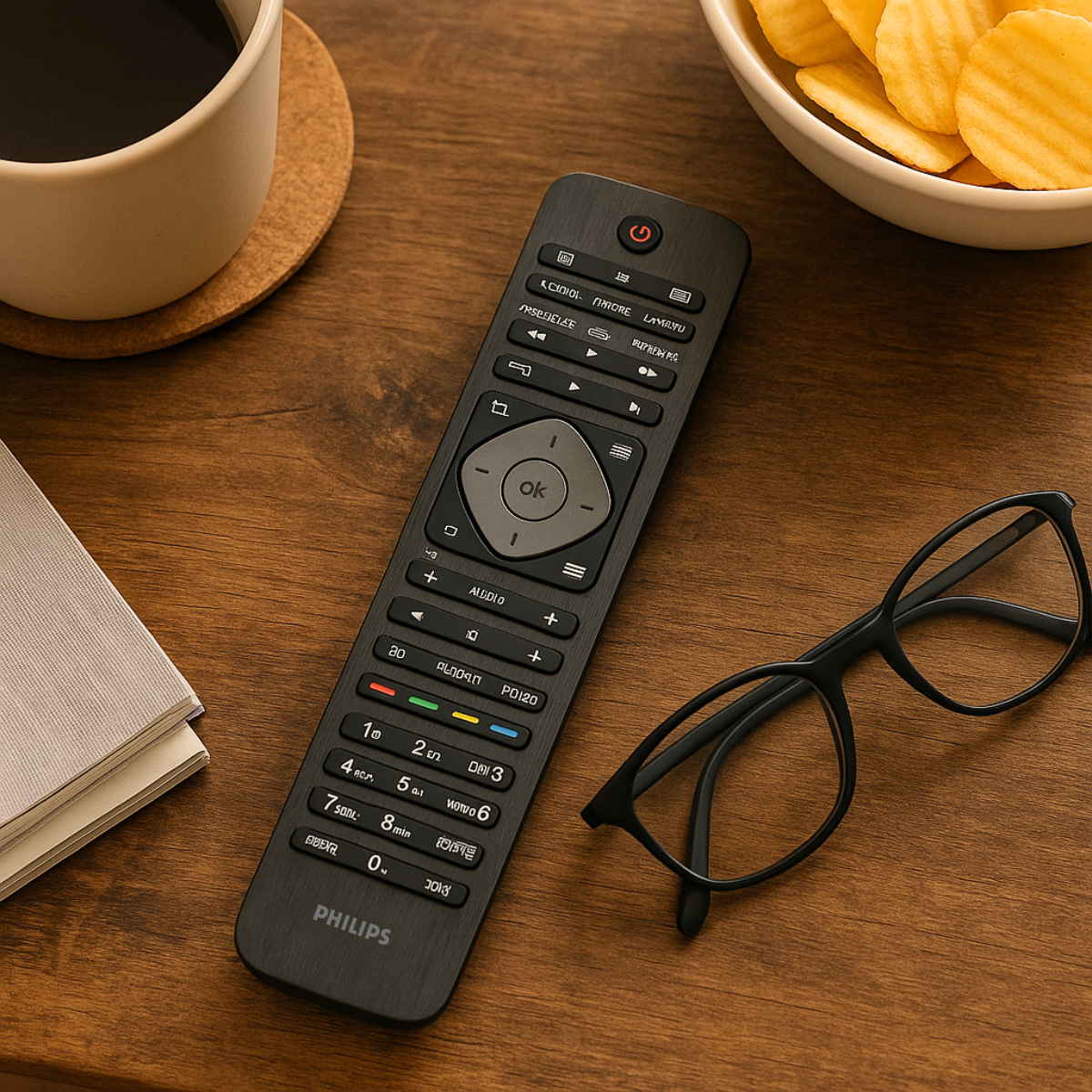 Fernbedienung, Brille, Chips, Kaffee und Bücher auf einem Holztisch. Warme, einladende Szene.