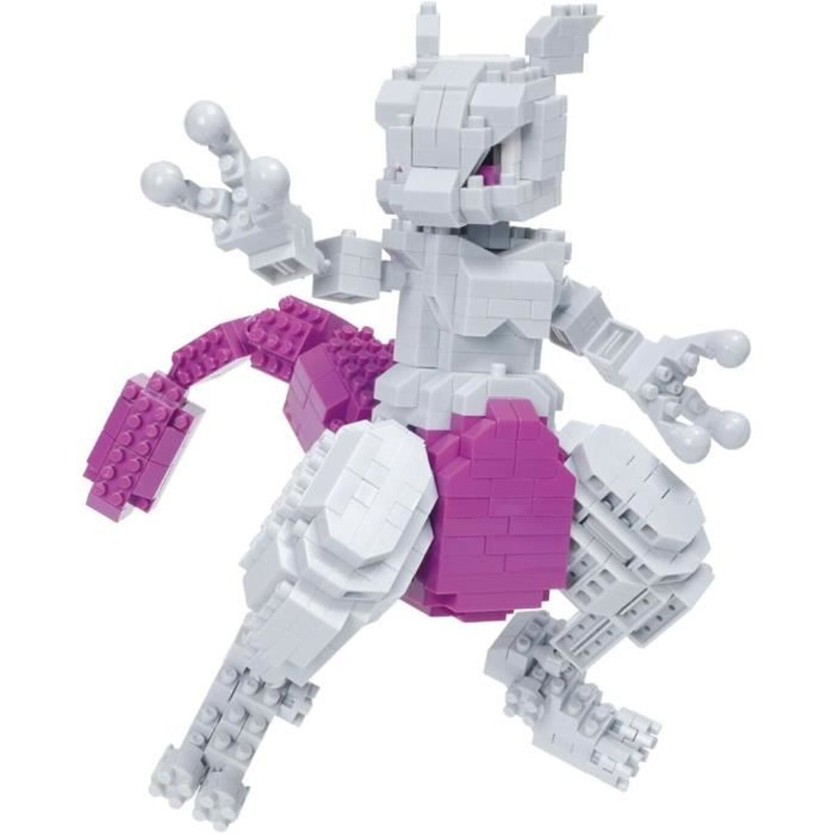 Mewtwo Pokémon-Figur aus Bausteinen, in Grau und Lila.