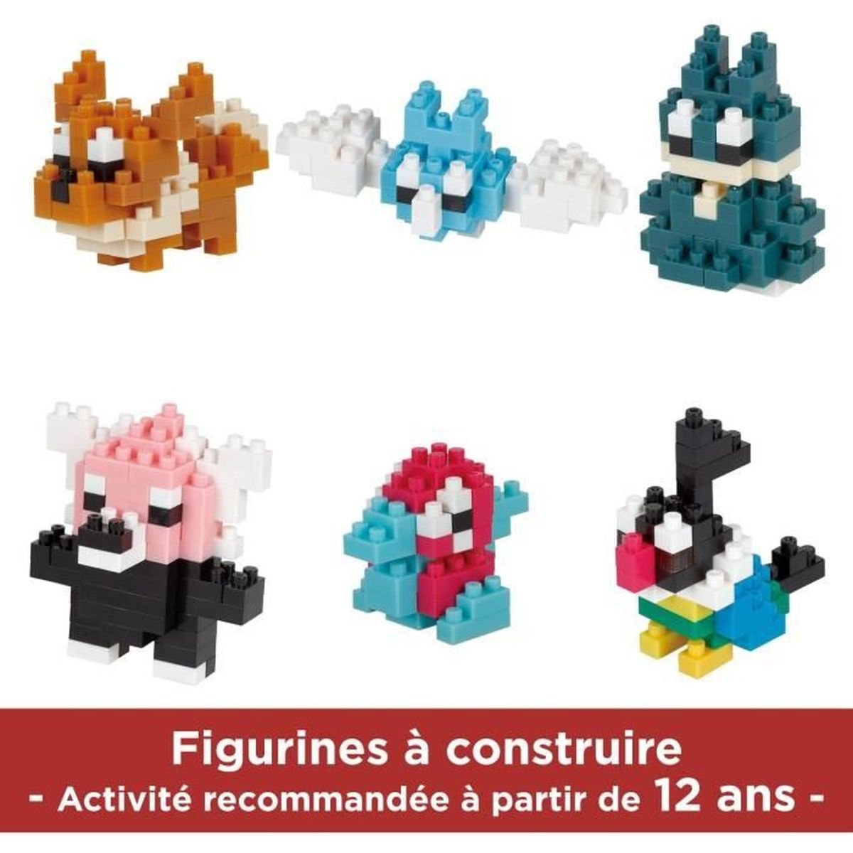 Sechs farbenfrohe Blockfiguren, darunter ein Fuchs, ein Vogel und andere cartoonartige Charaktere.
