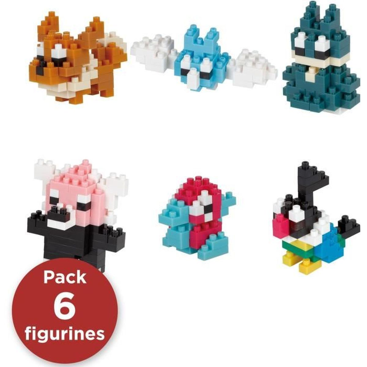 Eine Packung mit sechs kleinen Bausteinfiguren: ein Fuchs, zwei Fledermäuse, ein Häschen, ein rotes Wesen und ein Vogel.