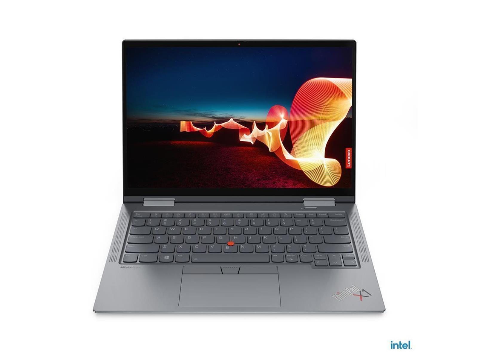 Ein Laptop mit farbenfroher Bildschirmanzeige, geöffnet auf weißem Hintergrund. Lenovo ThinkPad X1 Logo.