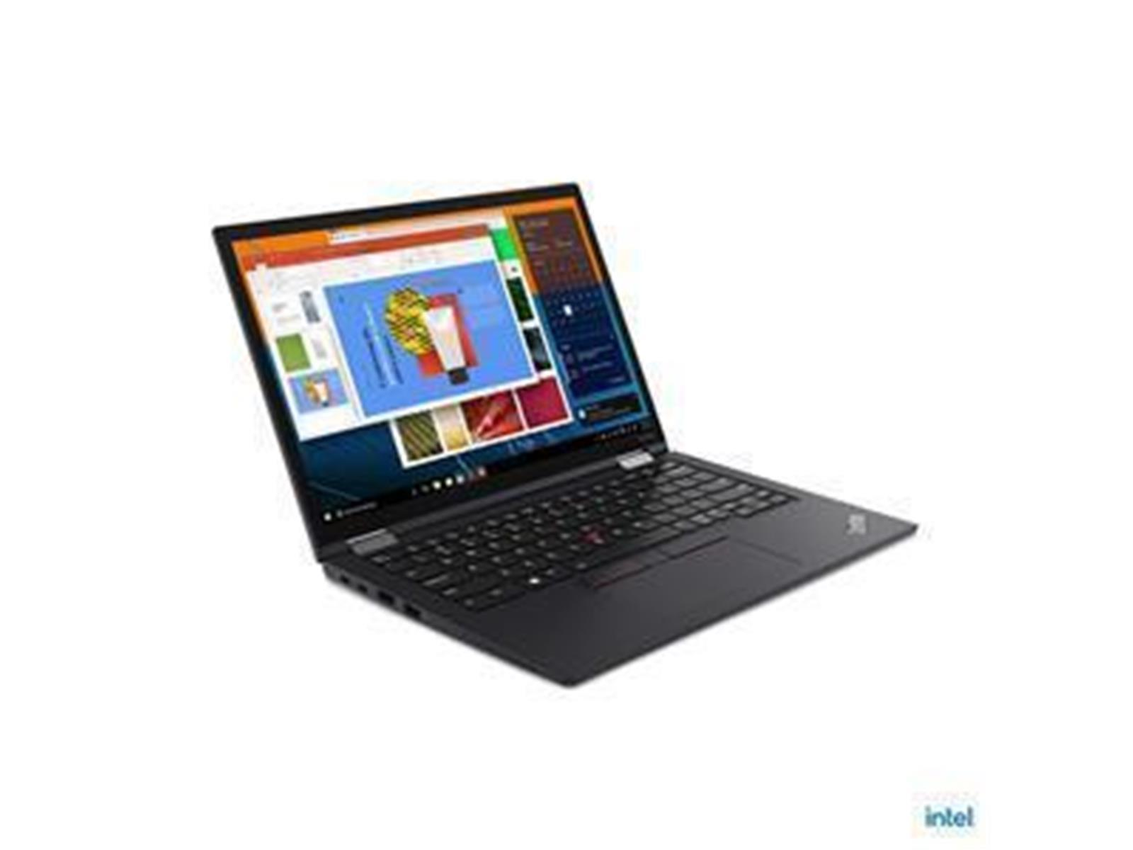 Ein schwarzer Laptop ist abgewinkelt geöffnet und zeigt eine Webseite mit Bildern und Text. Das Intel-Logo befindet sich unten rechts.