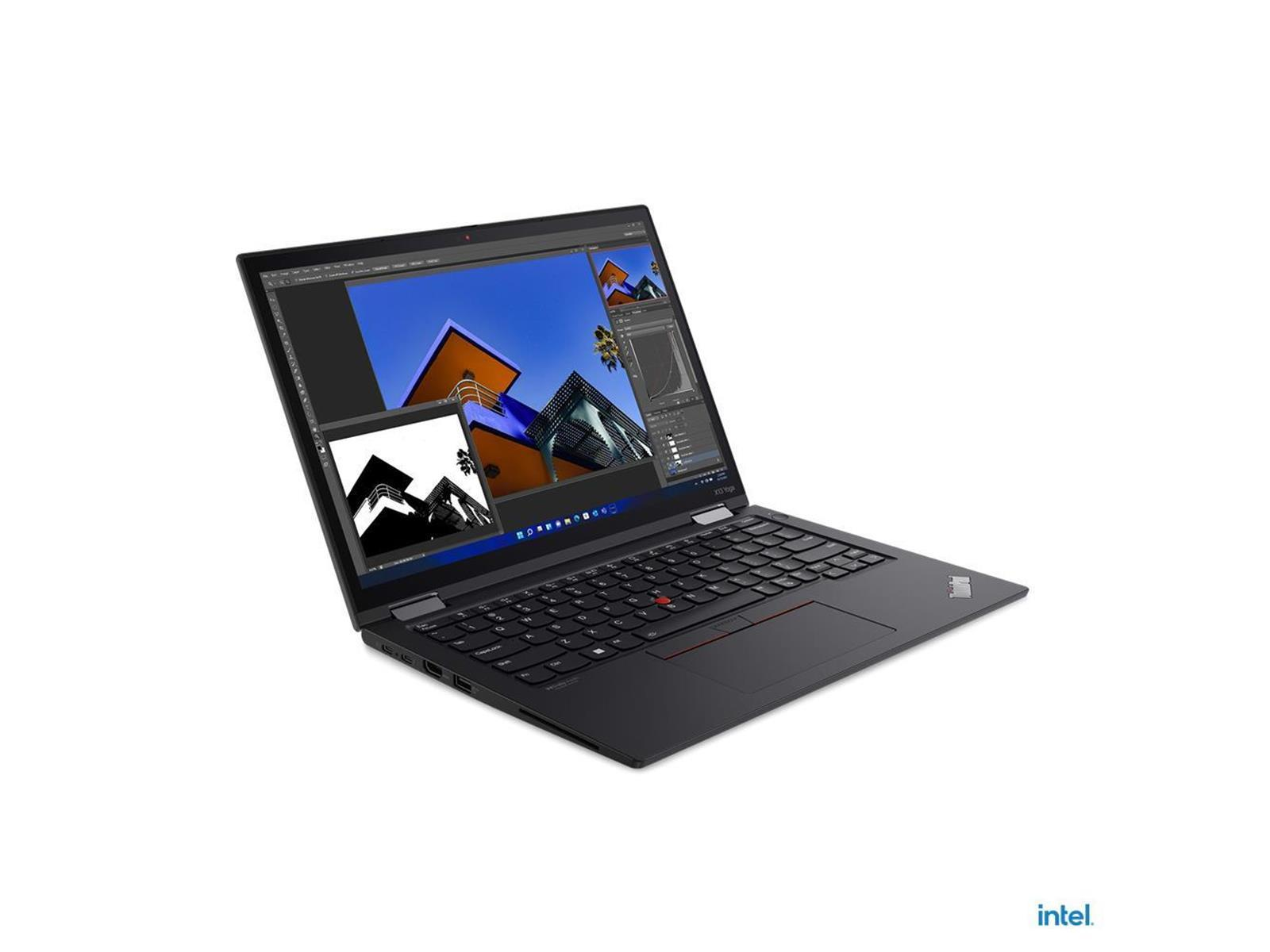 Schwarzer Laptop, offen, schräge Ansicht, auf Weiß. Bildschirm zeigt ein Bild. Intel-Logo.