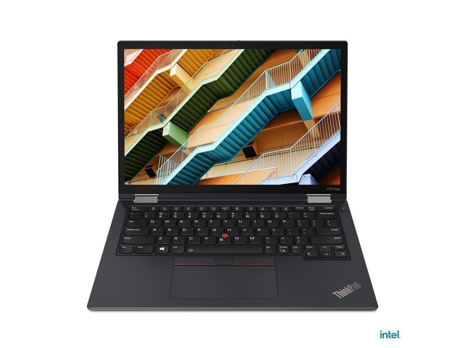 Ein schwarzer Laptop mit geöffnetem Bildschirm, der ein farbenfrohes Bild zeigt. Das Intel-Logo ist unten sichtbar.