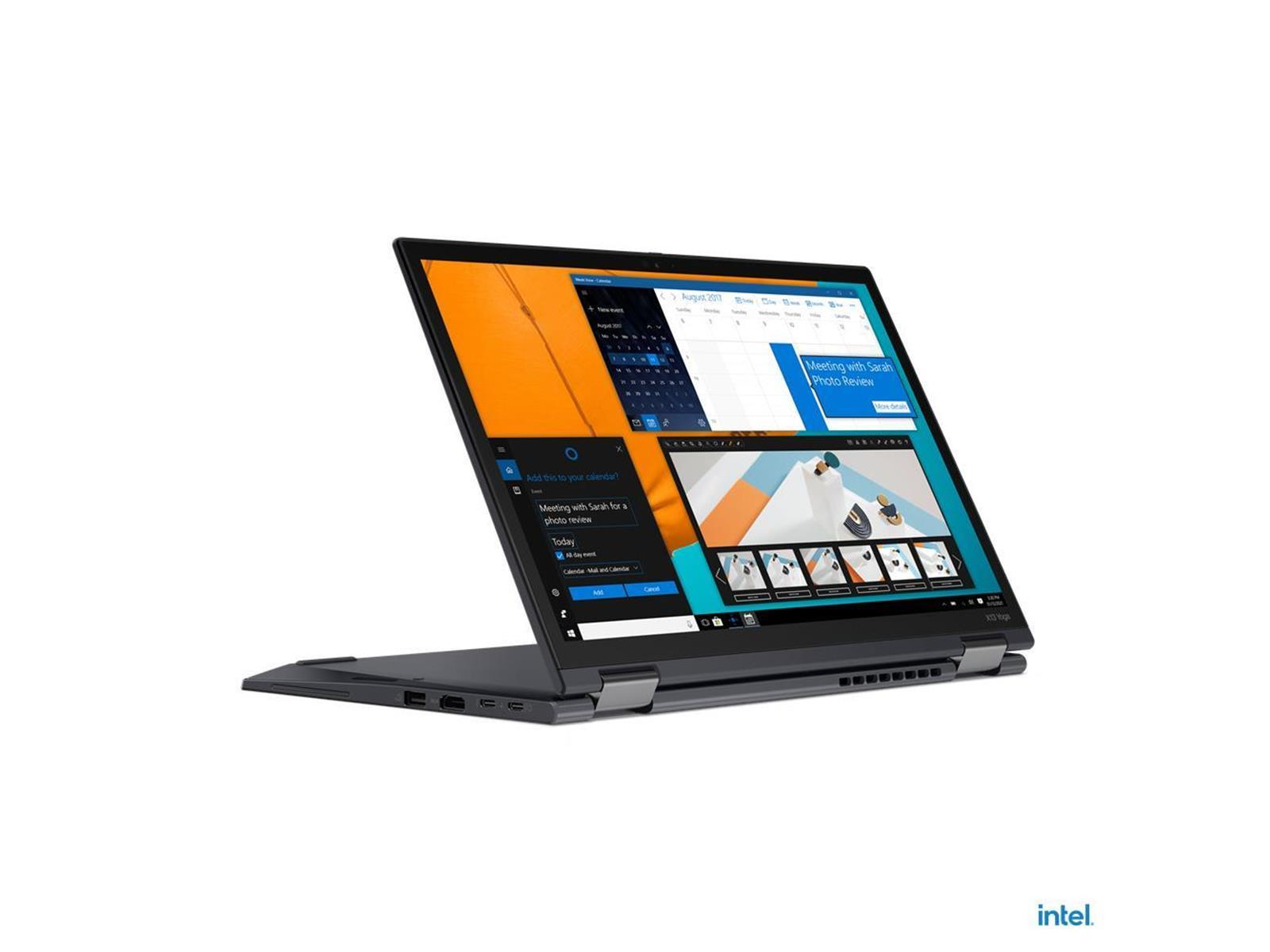 Schwarzer Laptop geöffnet, Kalender und andere Apps werden angezeigt. Das Intel-Logo befindet sich unten rechts auf dem Bildschirm.