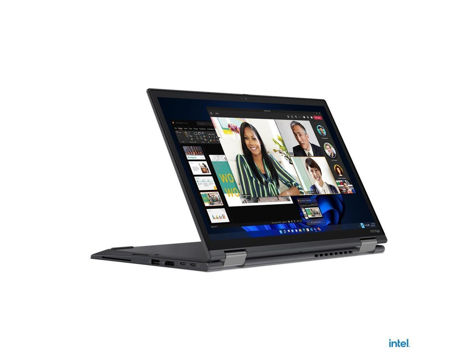 Ein schwarzer Laptop ist geöffnet und zeigt einen Videoanruf mit mehreren Personen. Das Intel-Logo ist unten.