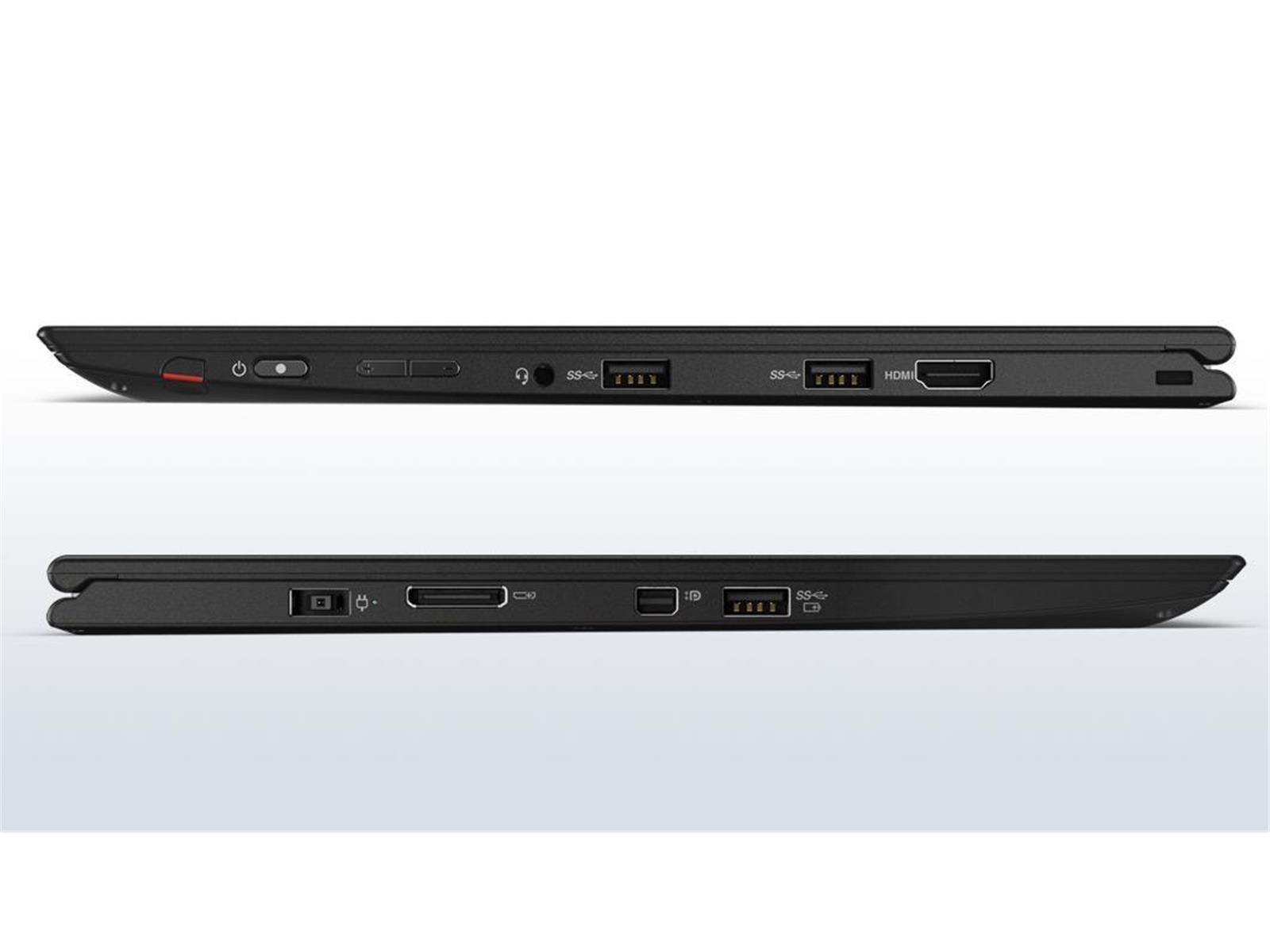 Zwei Seitenansichten eines schwarzen Laptops. Eine zeigt Anschlüsse, die andere einen Ein- und Ausschalter und eine Audiobuchse.