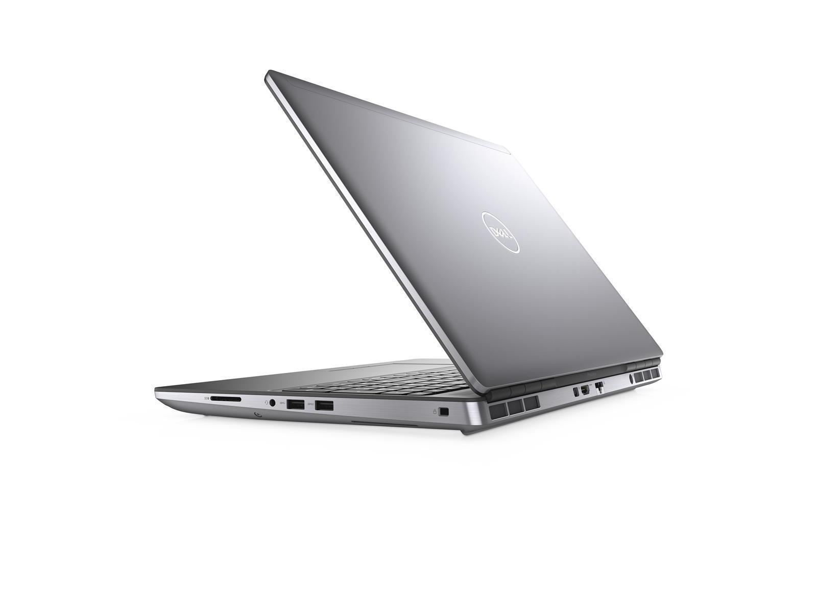 Ein grauer Laptop ist geöffnet und zeigt die Rückseite des Bildschirms. Das Dell-Logo befindet sich auf der Rückseite des Bildschirms.