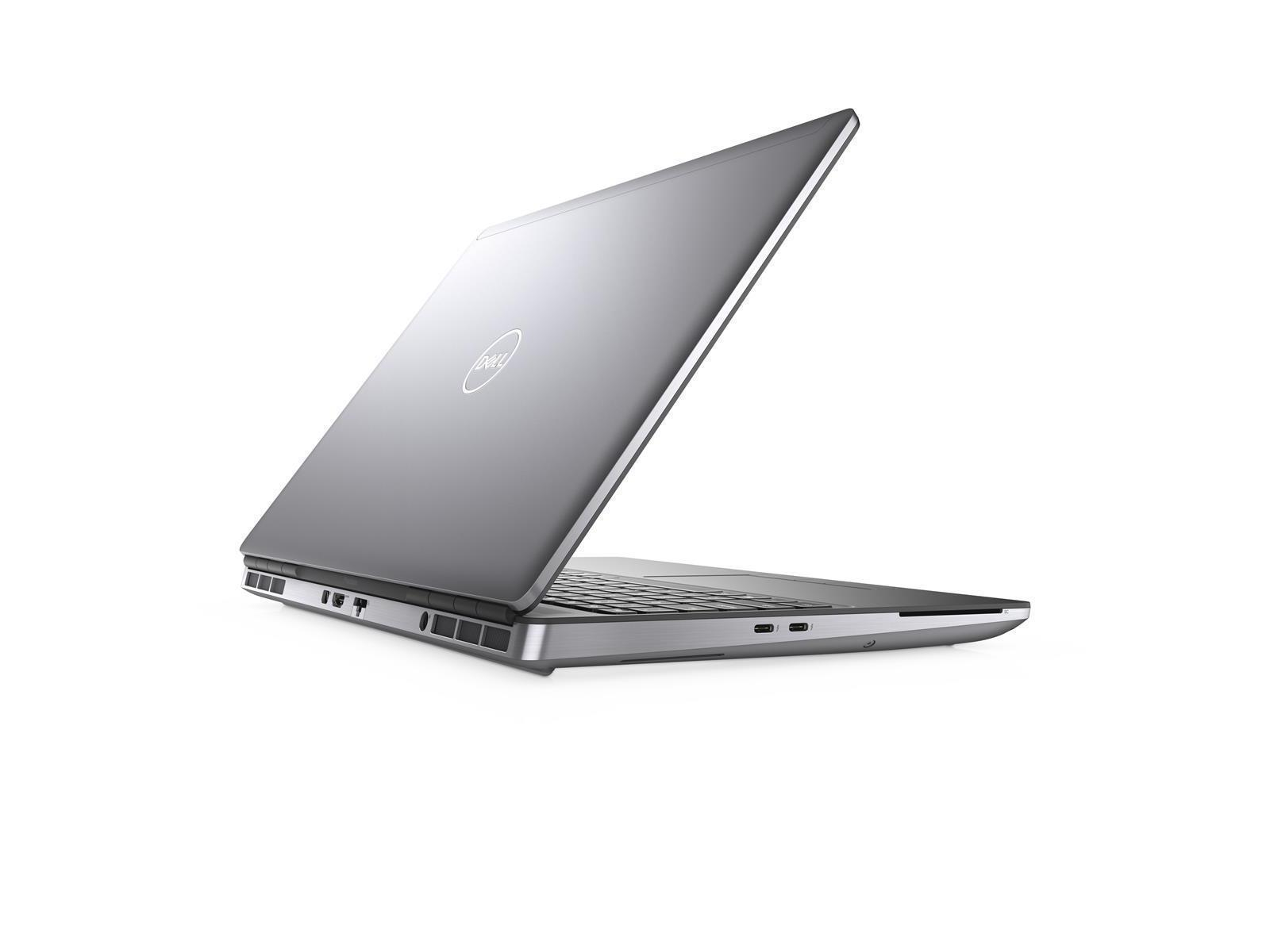 Laptop, silber, offen, schräge Ansicht. Dell-Logo auf dem Deckel. Weißer Hintergrund.