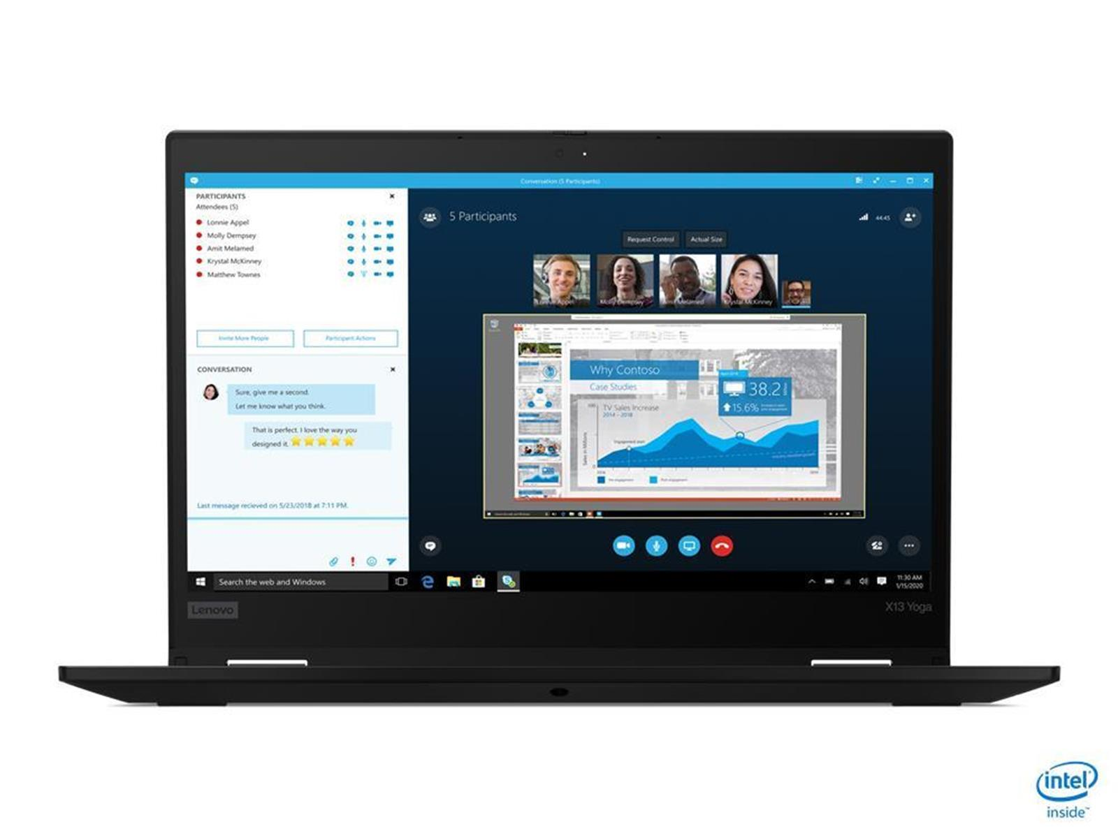 Laptop, der einen Videoanruf mit 5 Teilnehmern und einem Diagramm anzeigt. Lenovo-Logo unten.