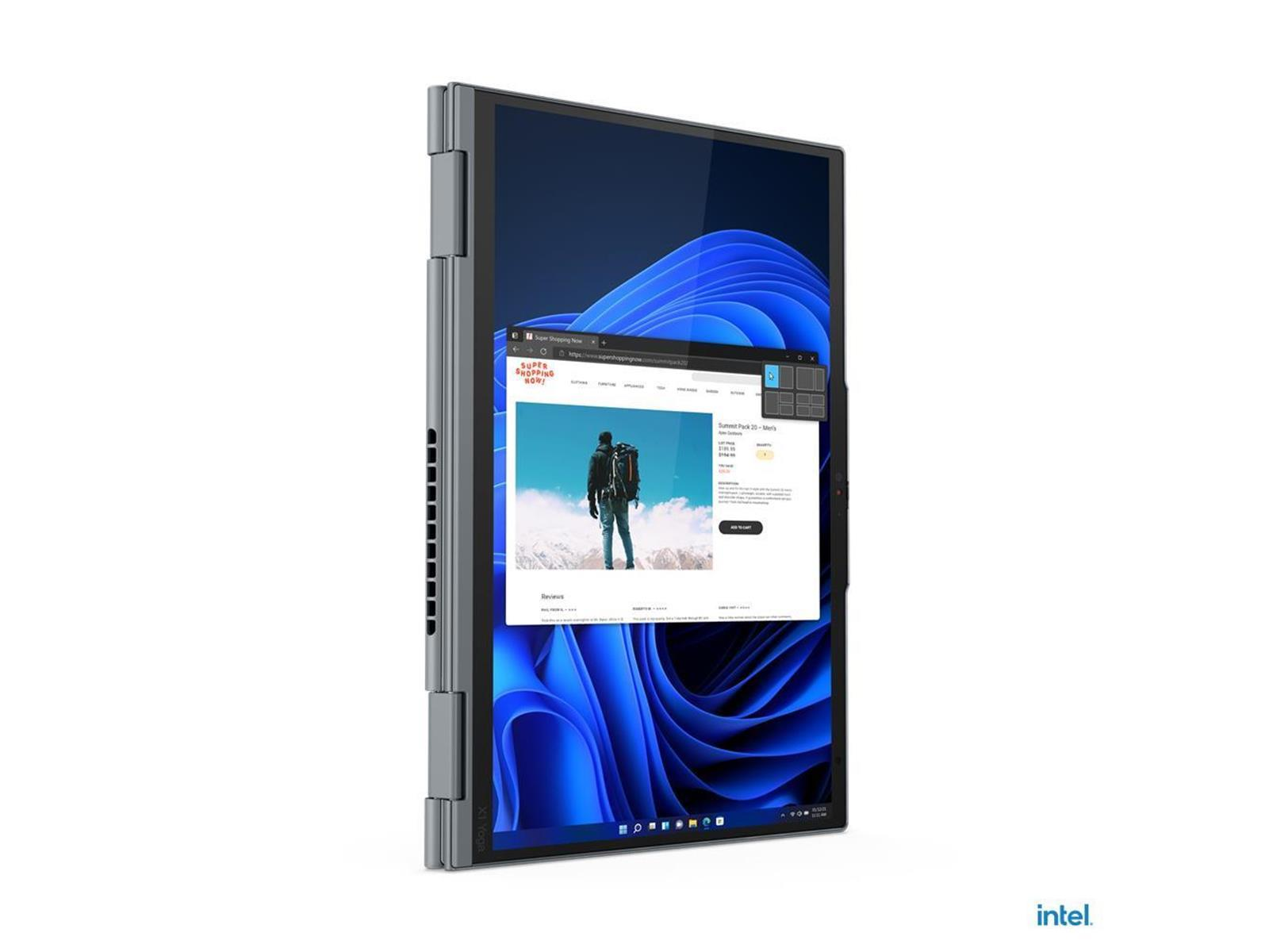 Ein Laptop mit einem Bildschirm, der eine Website über eine Person beim Wandern zeigt. Ein Intel-Logo befindet sich unten rechts.