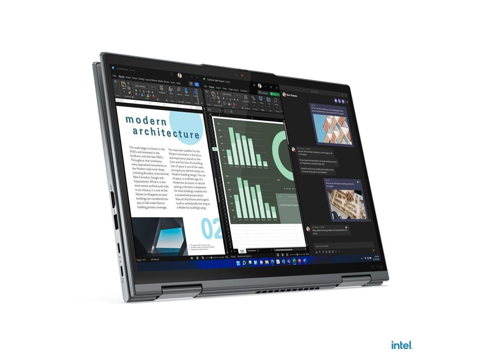 Laptop mit geöffnetem Dokument über moderne Architektur. Intel-Logo unten rechts.