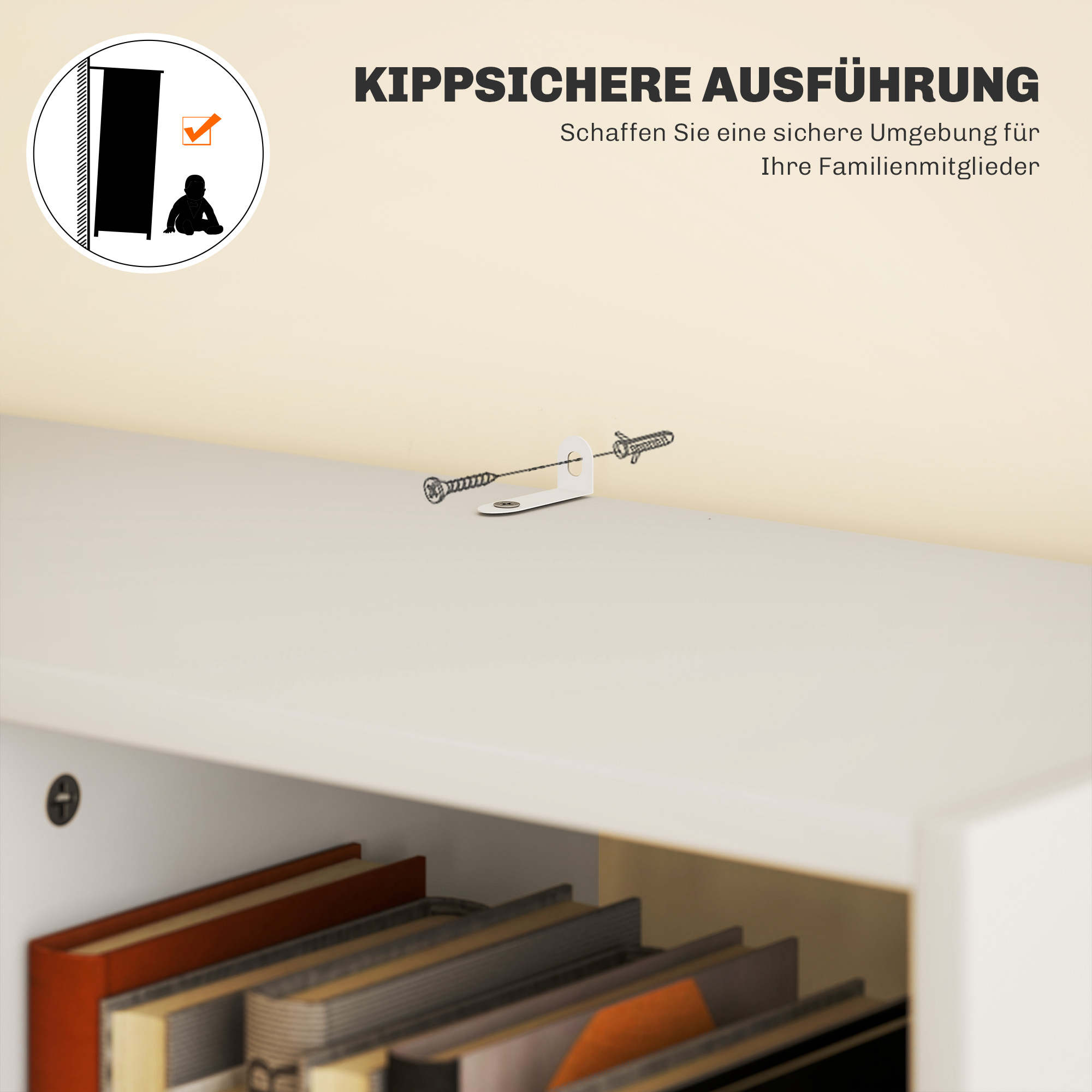 Ein weißer Schrank mit Büchern im Inneren. Ein kleines Diagramm zeigt eine Sicherheitsfunktion für die Stabilität.