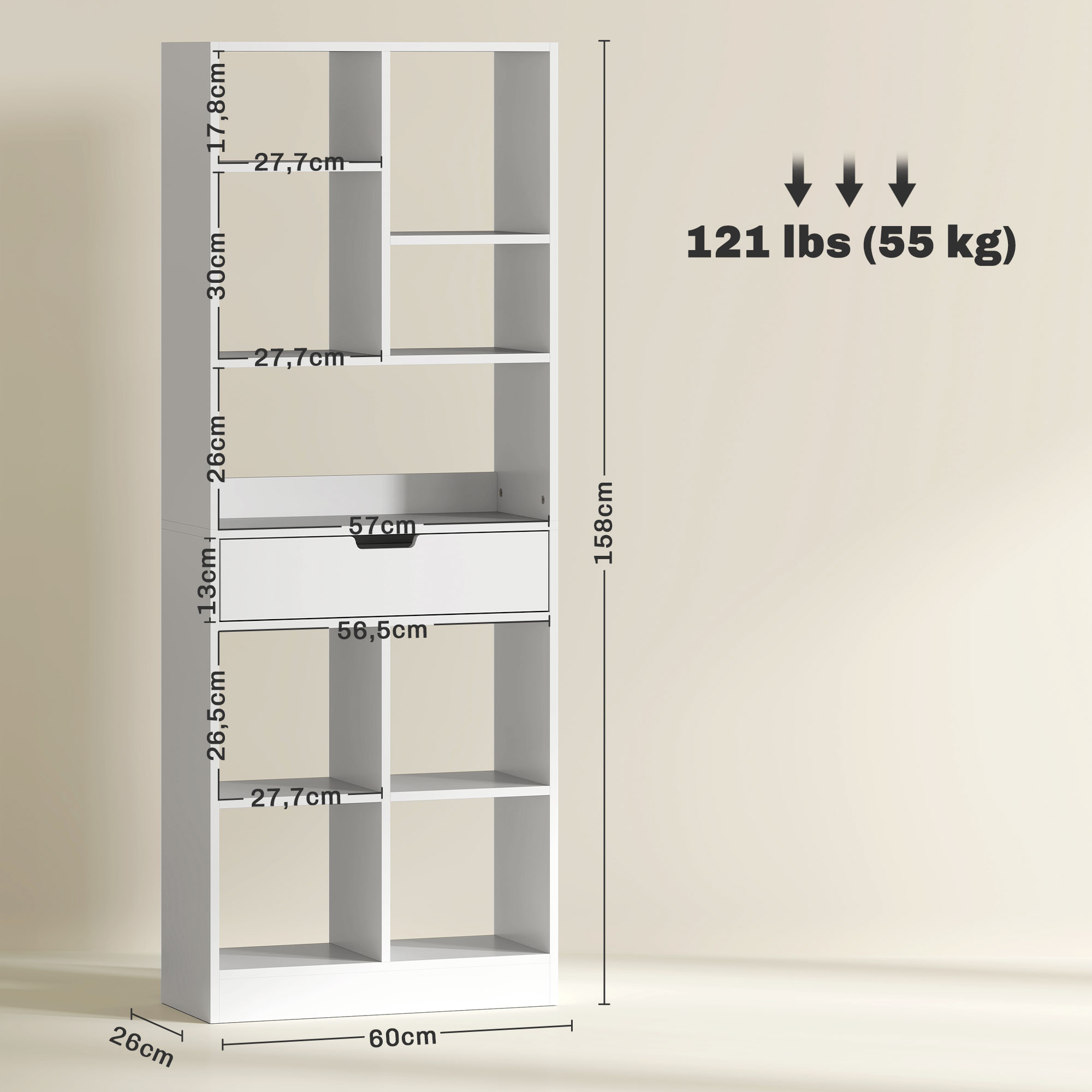 Ein weißes Bücherregal mit Regalen und einer Schublade, mit Abmessungen und einer Tragfähigkeit von 121 lbs (55 kg).