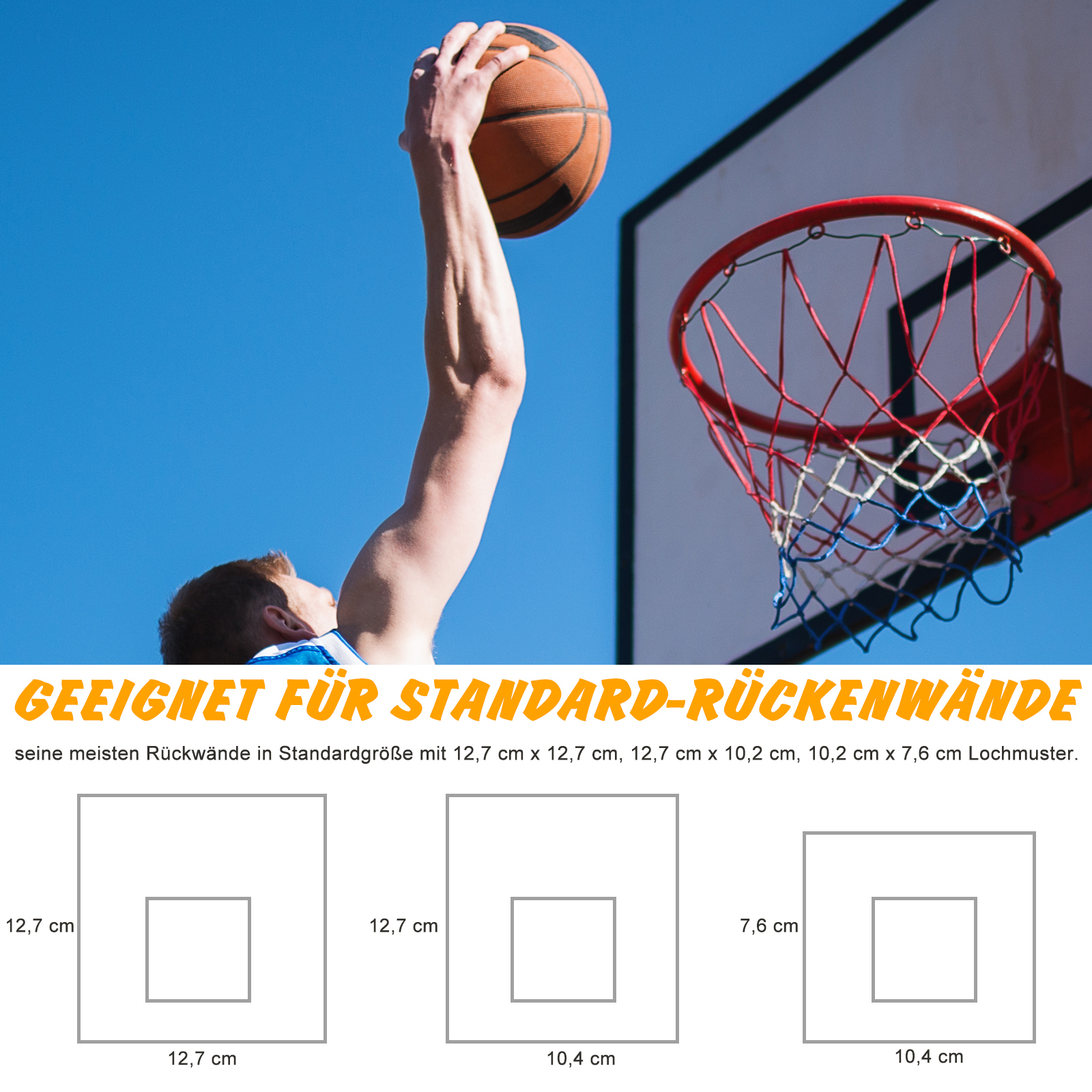 Ein Basketballspieler wirft einen Ball auf einen Korb. Text unten zeigt Abmessungen für Rückwände.