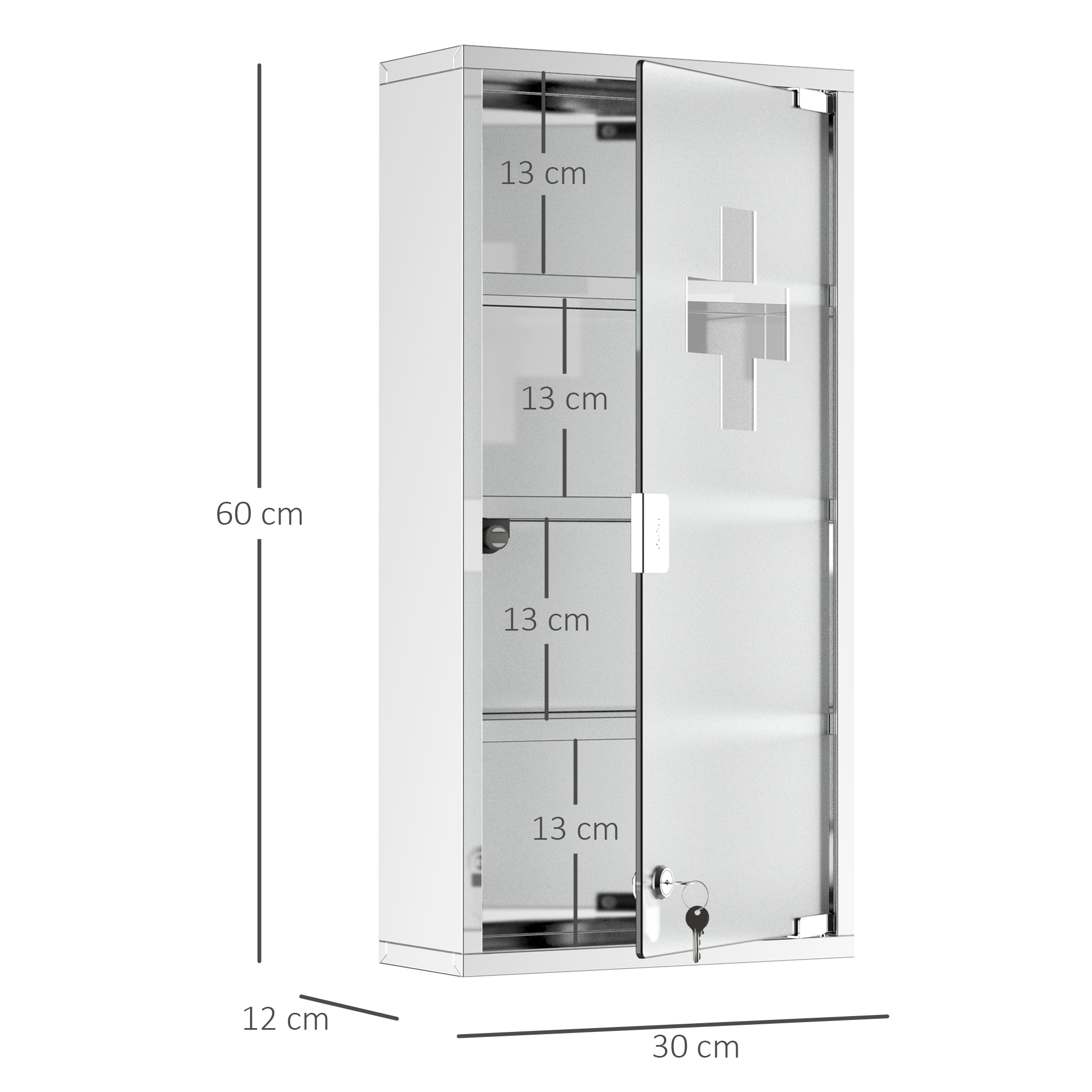 Weißer Medizinschrank mit Maßen. Glastür mit Kreuzsymbol und Regale im Inneren.