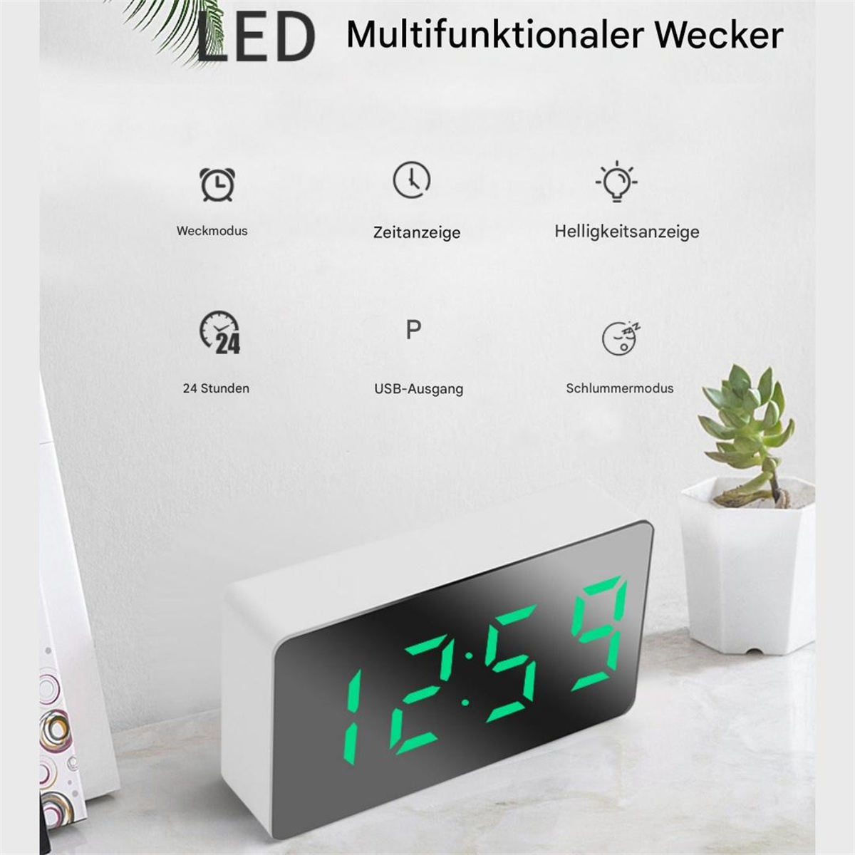 Eine weiße Digitaluhr mit 12:59. Sie hat eine grüne LED-Anzeige und eine kleine Pflanze daneben.