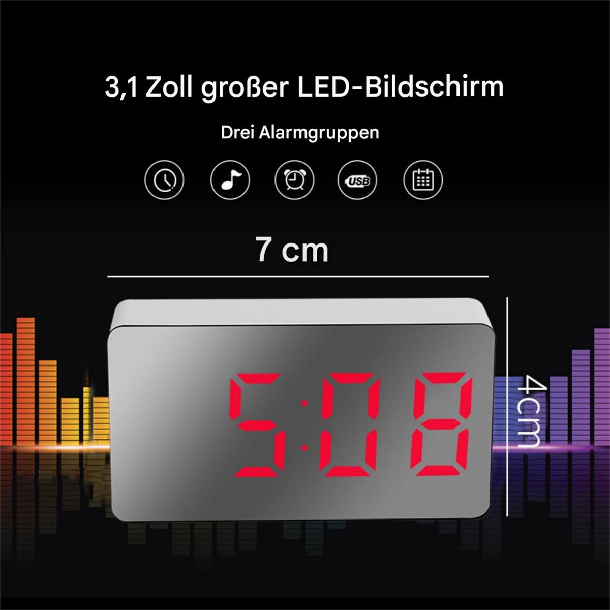 Eine kleine Digitaluhr mit 5:08. Sie ist silbern, mit roten Ziffern, und hat einen schwarzen Hintergrund.