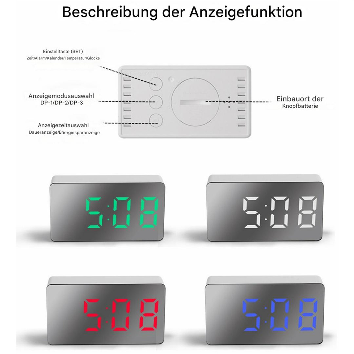 Vier digitale Wecker, die die Uhrzeit 5:08 in Grün, Weiß, Rot und Blau anzeigen.