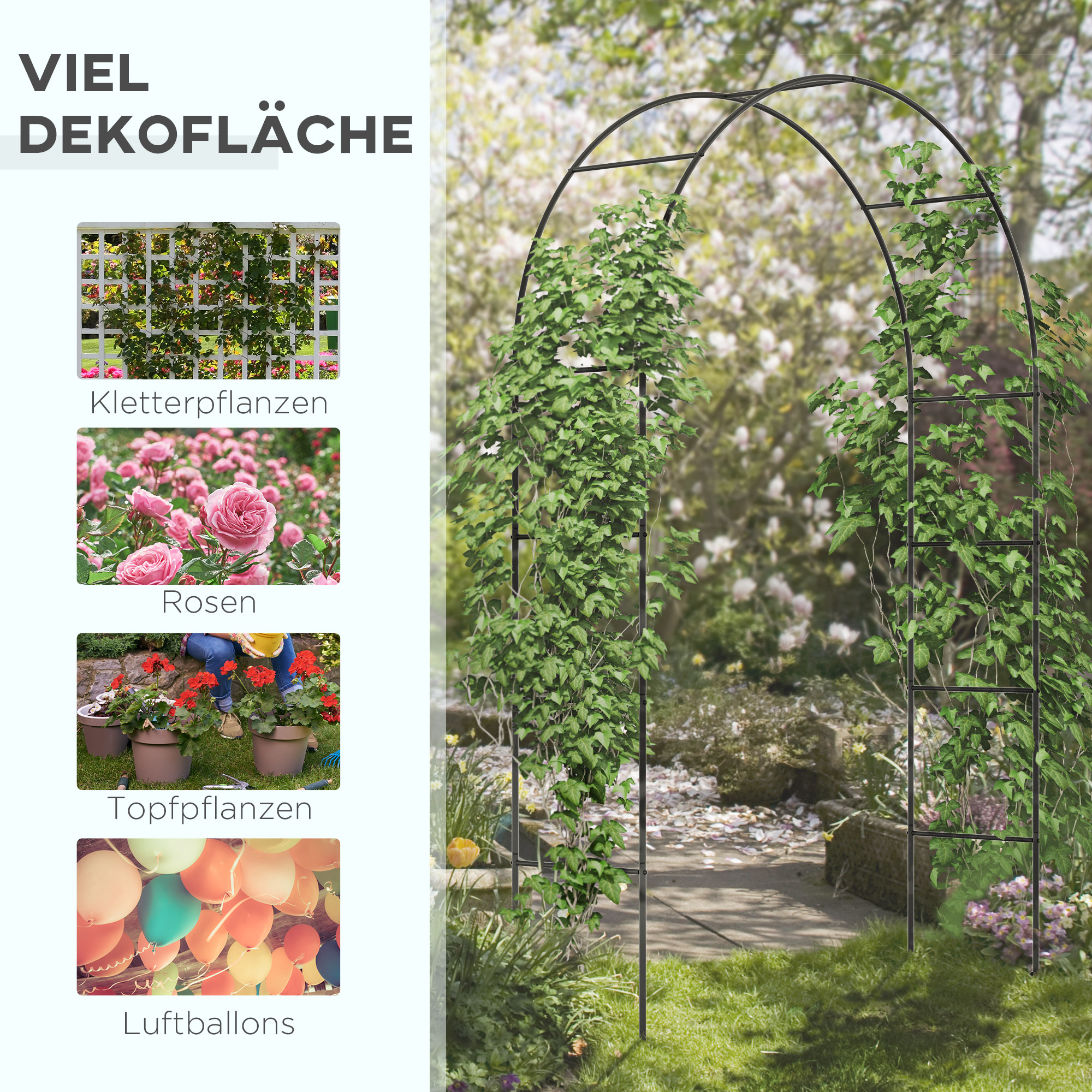 Metallbogen mit Pflanzen und Blumen bedeckt. Zeigt Rosen, Kletterpflanzen und Topfpflanzen.