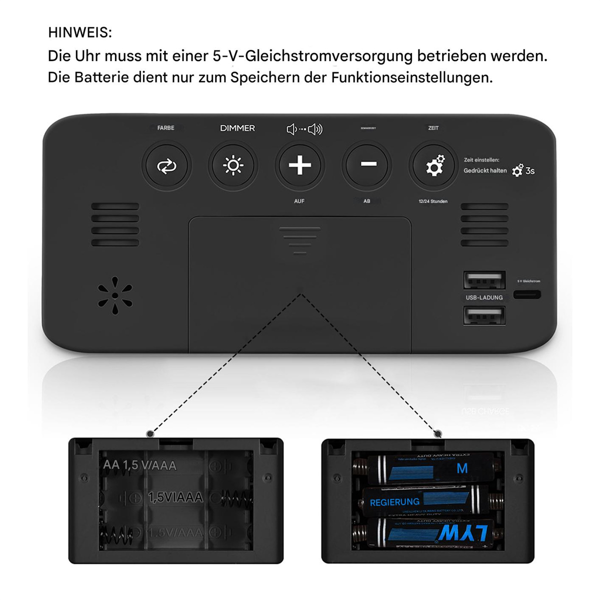 Die Rückseite eines digitalen Weckers mit Knöpfen und Batteriefach. Zeigt Batterie- und USB-Anschlüsse.