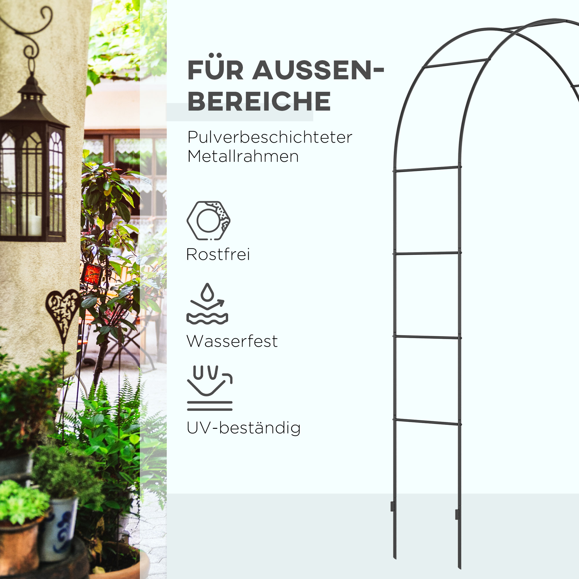 Gartenbogen-Merkmale: pulverbeschichteter Metallrahmen, rostfrei, wasserdicht und UV-beständig, mit Pflanzen und Dekorationen.
