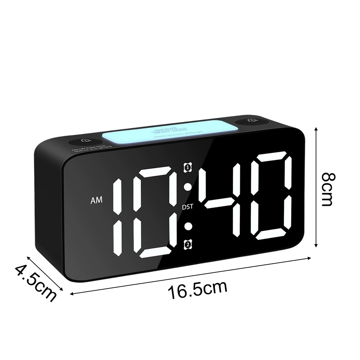 Digitalwecker mit Abmessungen. Die Uhr ist schwarz und zeigt die Uhrzeit 10:40 an.