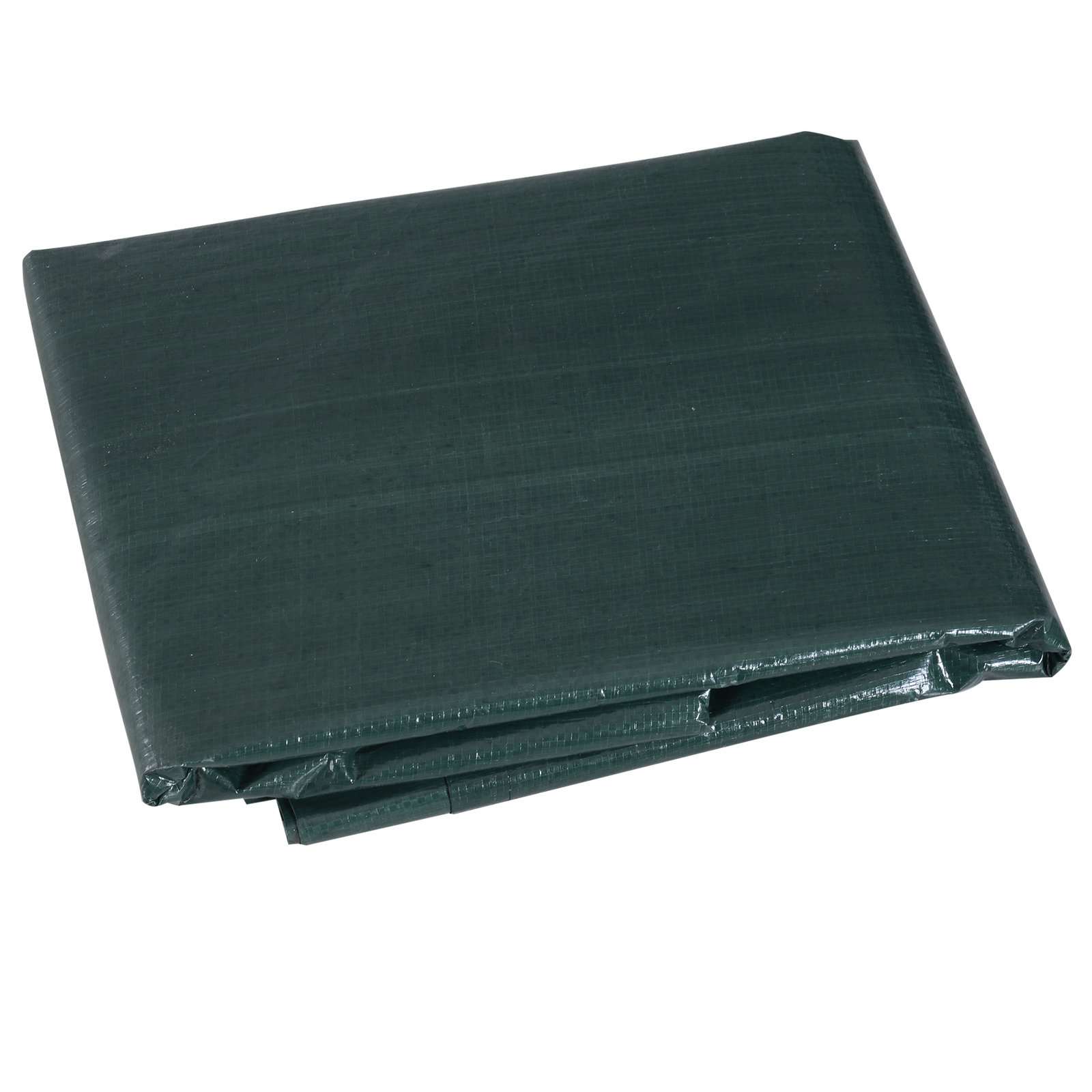 Funda verde impermeable plegada con un patrón cuadrado, aislada sobre un fondo blanco.