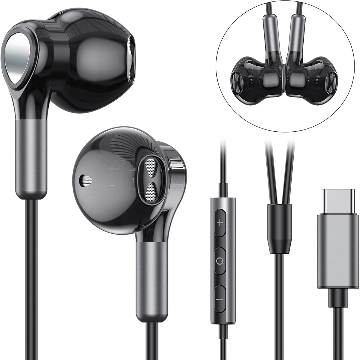 Ein Paar schwarze und graue In-Ear-Kopfhörer mit USB-C-Anschluss und Inline-Bedienelementen.