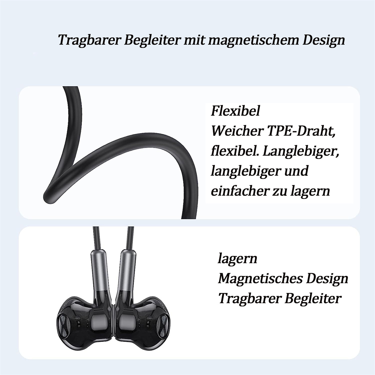 Schwarze Kopfhörer mit flexiblem Kabel. Das Bild zeigt eine Nahaufnahme der Kopfhörer und ihres Kabels.
