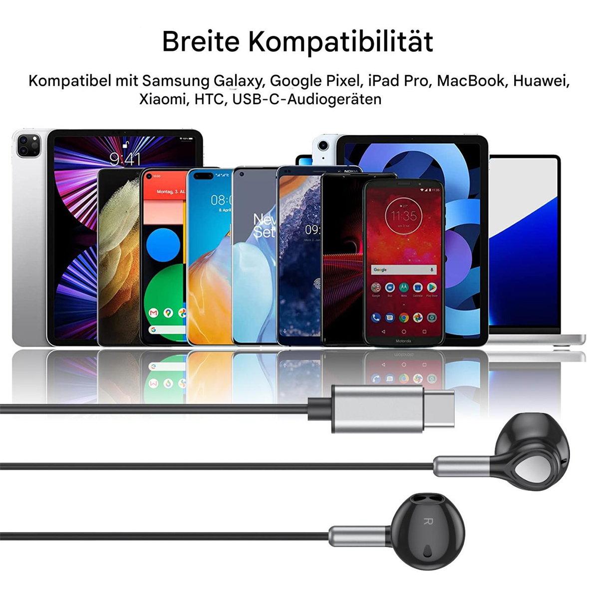 Mehrere Smartphones und Tablets in einer Reihe. Kopfhörer mit USB-C-Anschluss im Vordergrund.