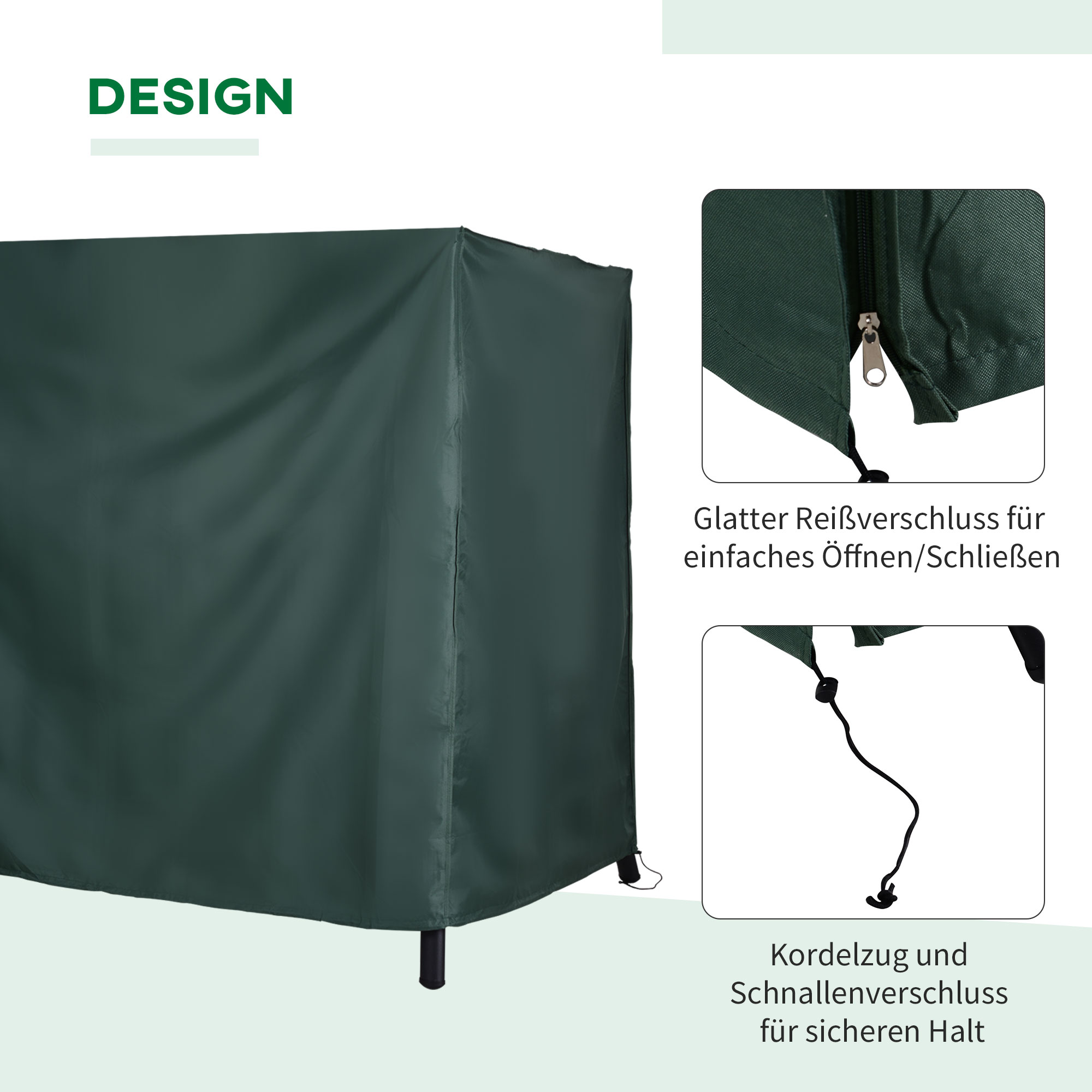 Grüne Abdeckung für Gartenmöbel mit Reißverschluss und Kordelzug. Detailansicht von Reißverschluss und Kordel.