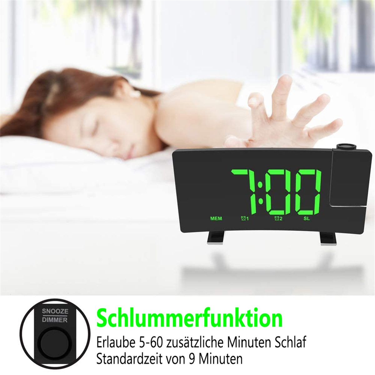 Schlafende Frau mit digitalem Wecker. Die Uhr zeigt 7:00 und hat eine Schlummertaste.