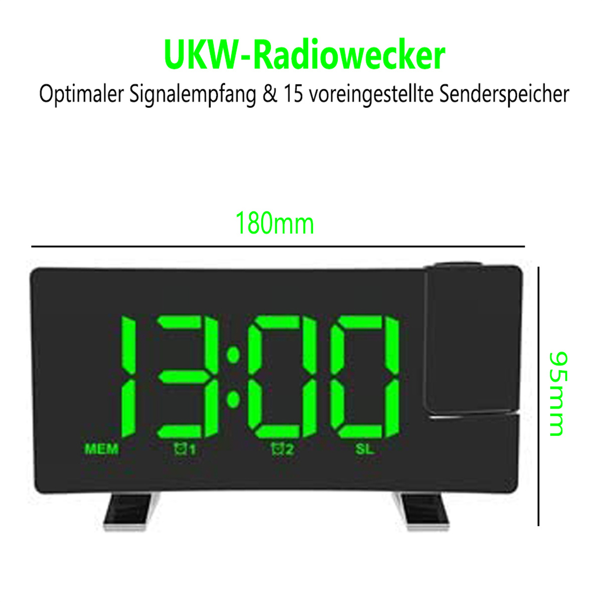 Ein schwarzer digitaler Wecker mit grünen Ziffern zeigt 13:00 Uhr an. Die Uhr hat einen Projektor und Maßmarkierungen.
