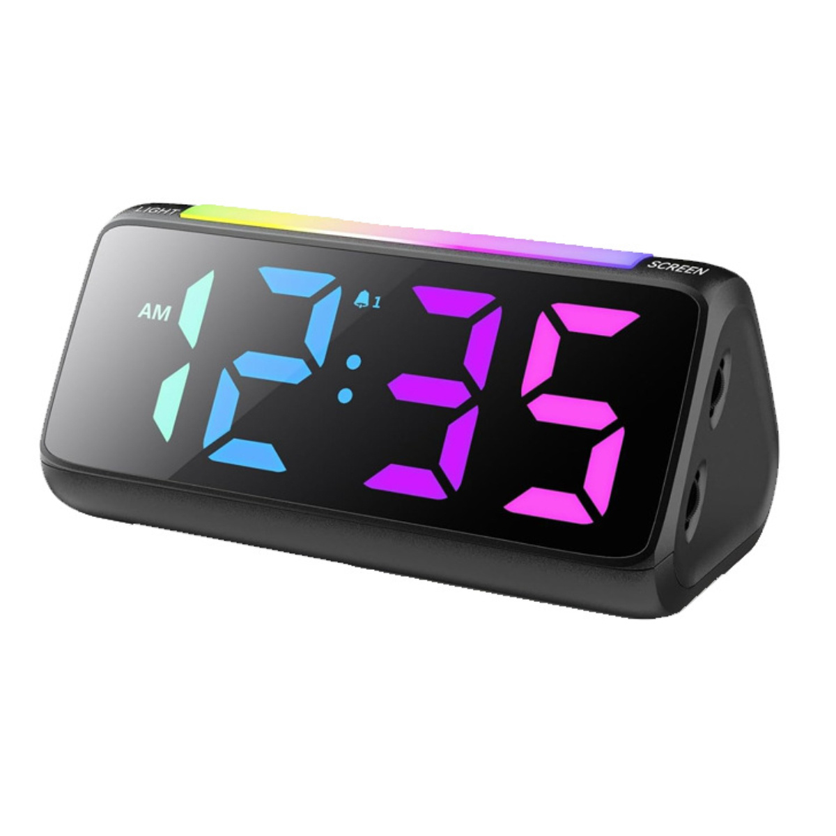 Ein schwarzer digitaler Wecker, der 12:35 Uhr anzeigt, mit einer farbenfrohen Lichtanzeige.