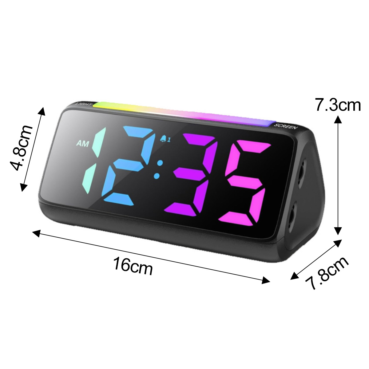 Digitaler Wecker mit beschrifteten Abmessungen, der 12:35 Uhr anzeigt, und eine farbenfrohe Lichtanzeige.