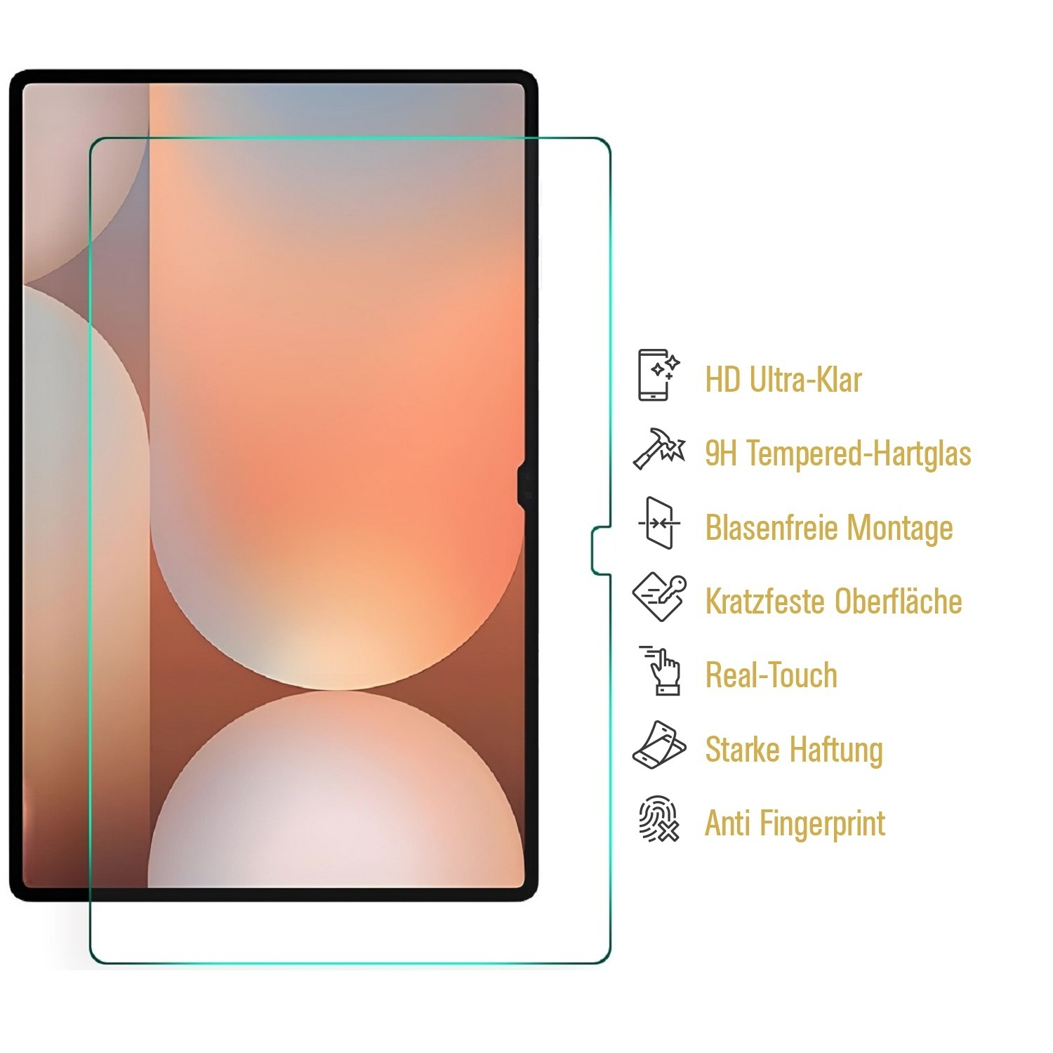 Ein Tablet-Displayschutz wird mit Symbolen beworben, die seine Funktionen zeigen. Der Schutz ist klar und auf einem Tablet installiert.