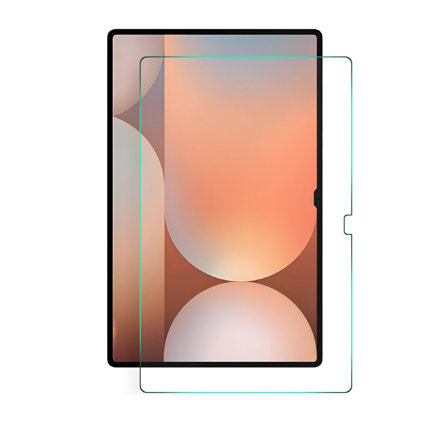 Ein Tablet-Displayschutz ist klar. Die Verpackung ist nicht sichtbar, aber der Schutz ist auf einem Tablet installiert.
