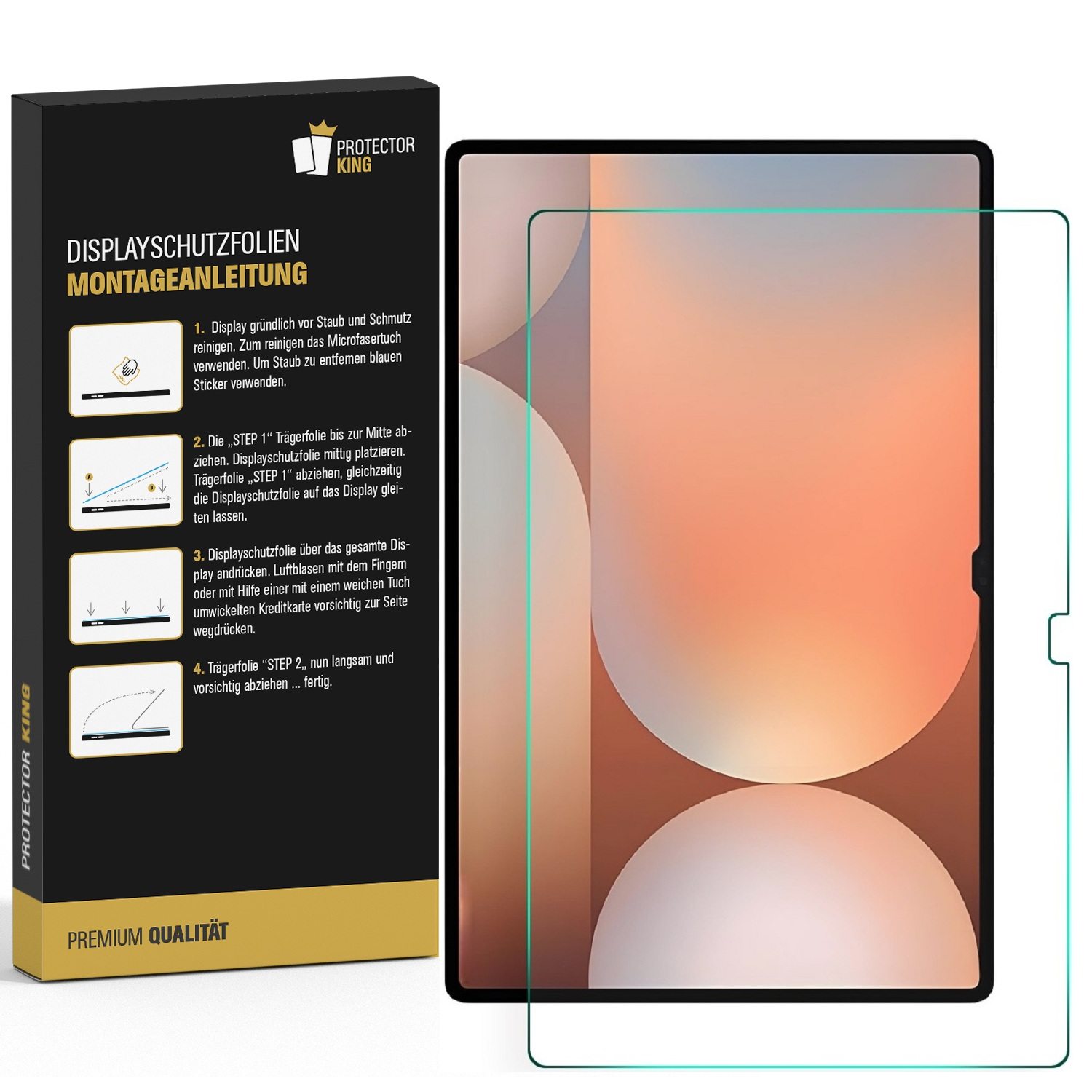 Eine Schachtel mit Anweisungen zum Anbringen einer Displayschutzfolie auf einem Tablet. Ein klarer Schutz und ein Tablet sind im Bild gezeigt.