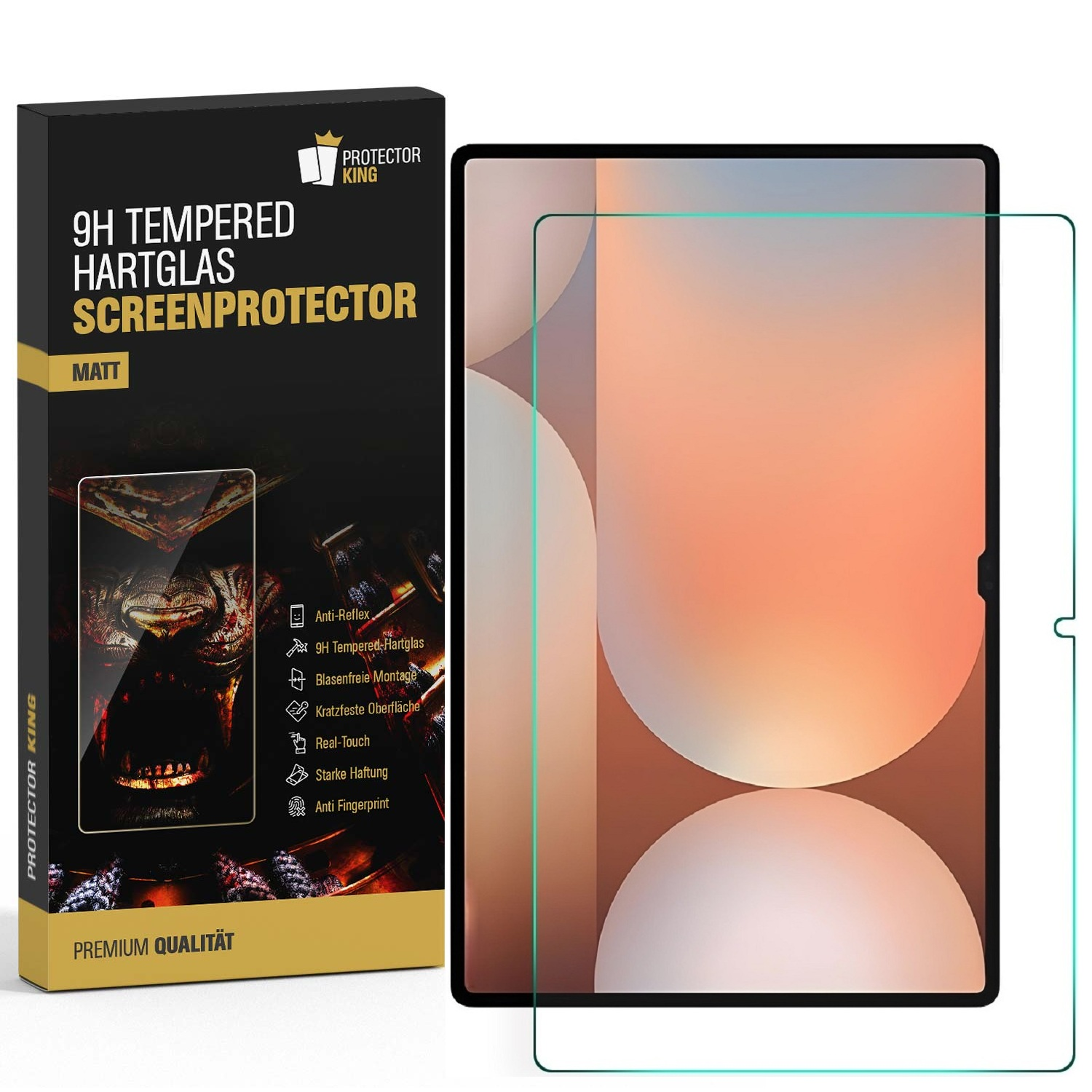 Eine Displayschutzfolienbox mit einer daneben liegenden Displayschutzfolie. Die Displayschutzfolie ist klar.