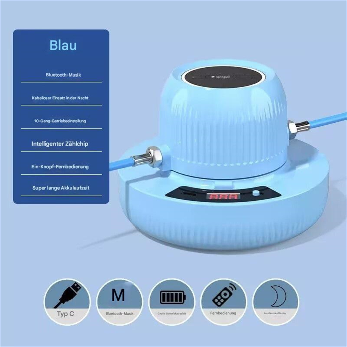 Eine blaue Springseilmaschine wird vor einem blau-weißen Hintergrund mit Symbolen und Text angezeigt.