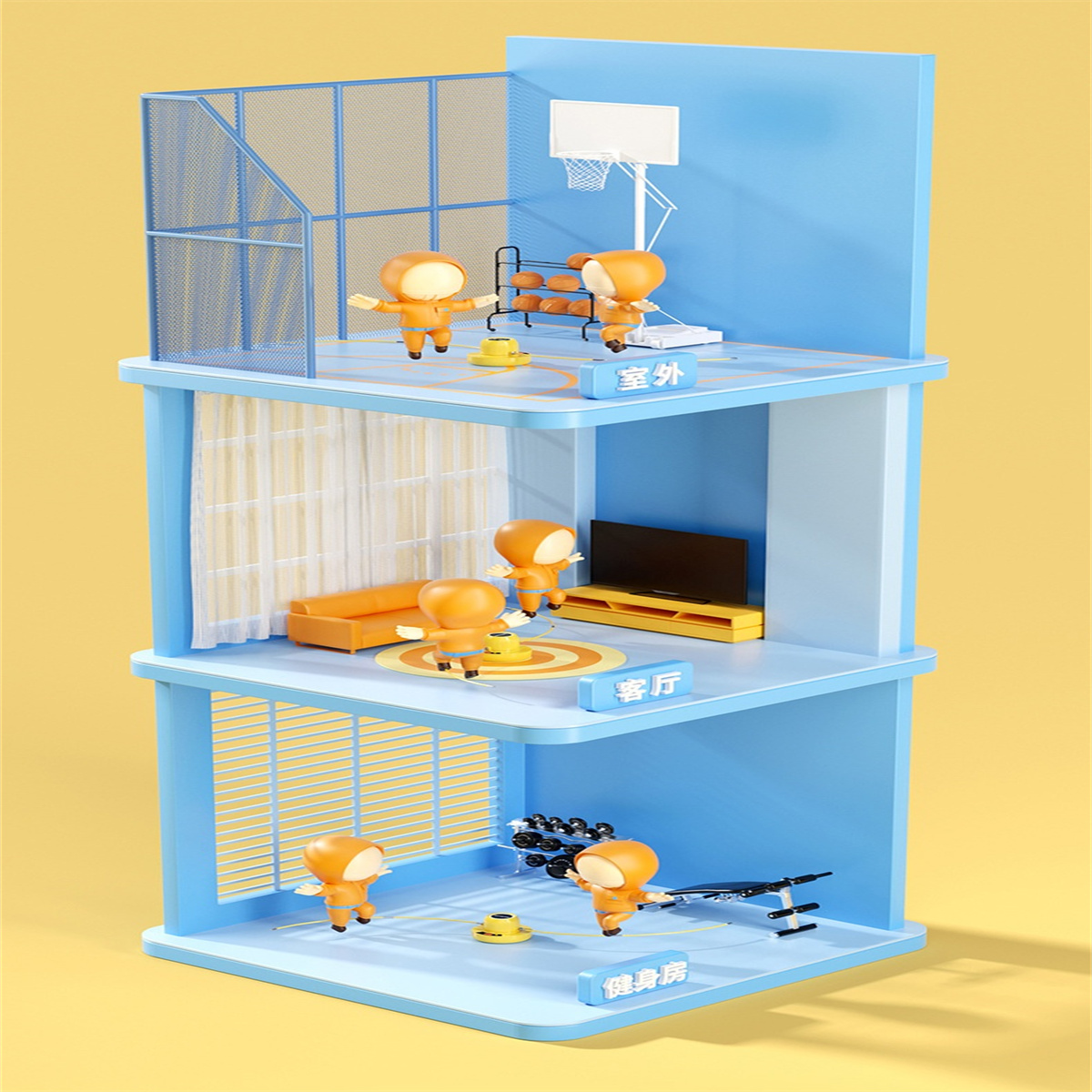 Ein dreistöckiges blaues Diorama mit orangefarbenen Figuren, die Basketball spielen, fernsehen und Gewichte heben.